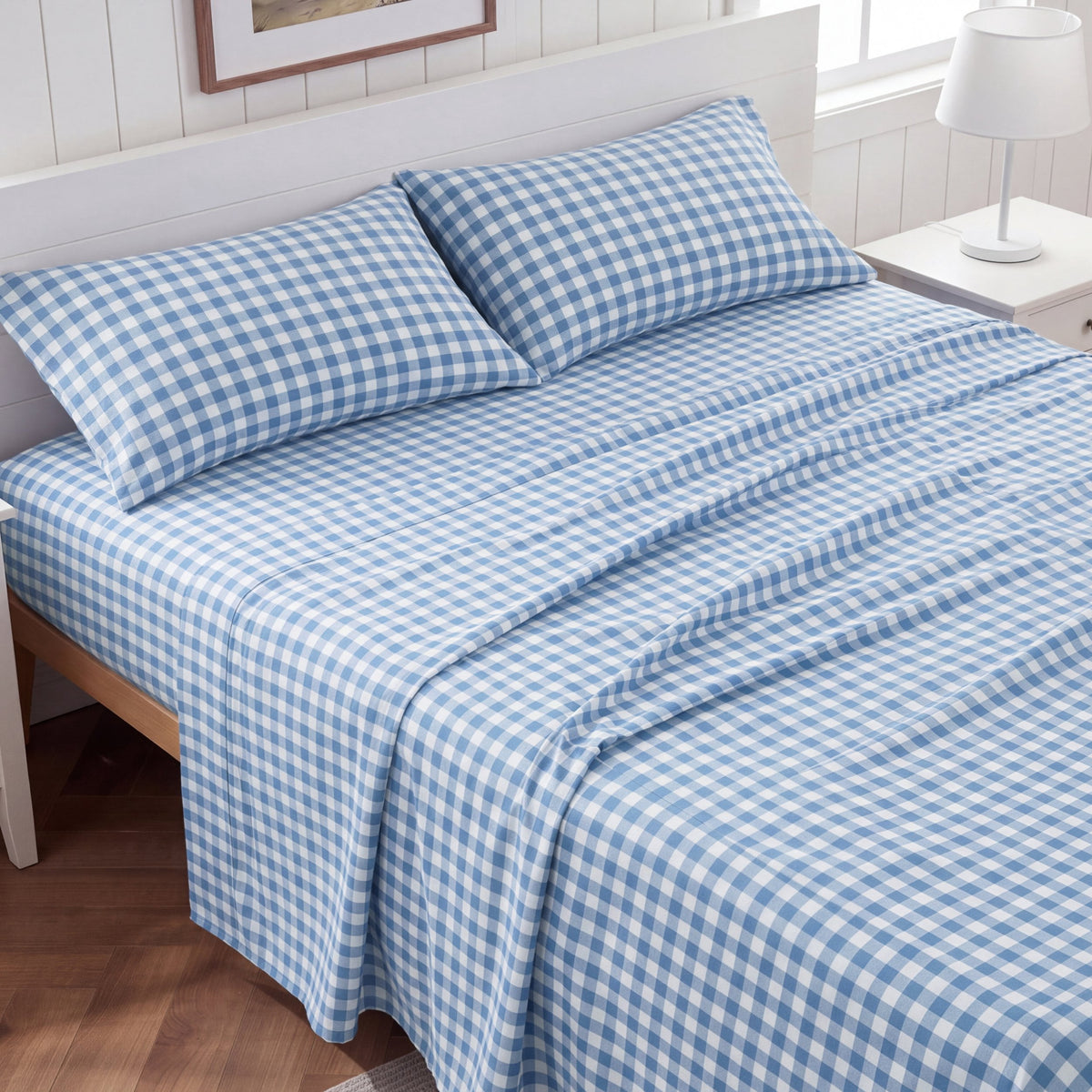 U by Bedsure Gingham Full Sheets, 4 Pieces 16" Deep Pockets Soft Prewashed Microfiber Plaid Bed Sheets Set, Blue New