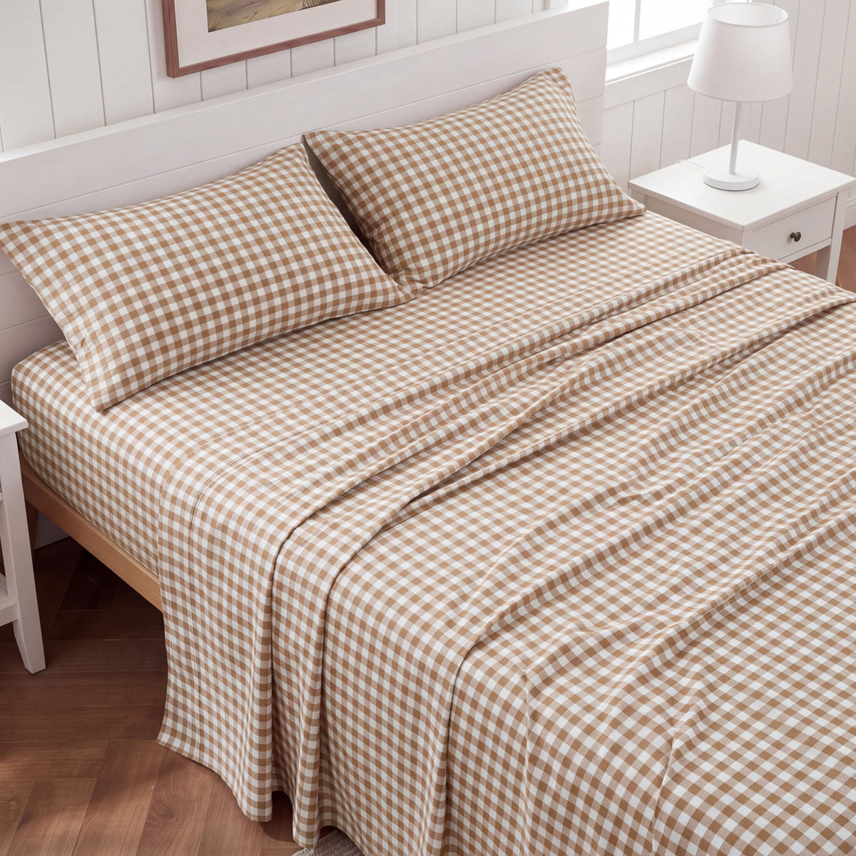 U by Bedsure Gingham Full Sheets, 4 Pieces 16" Deep Pockets Soft Prewashed Microfiber Plaid Bed Sheets Set, Brown New