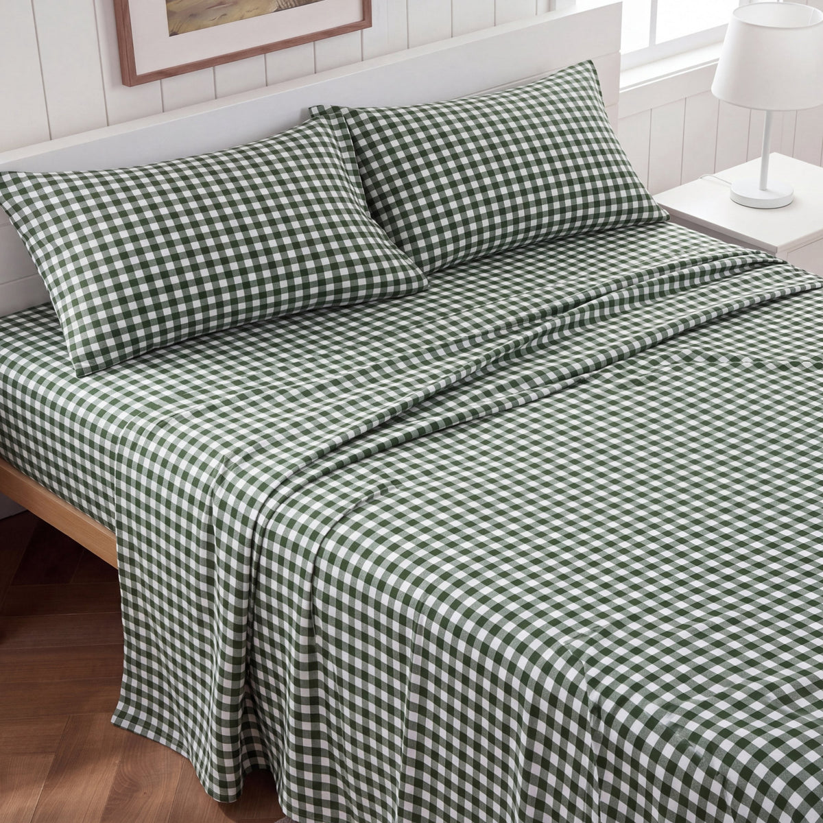 U by Bedsure Gingham Queen Sheets, 4 Pieces 16" Deep Pockets Soft Prewashed Microfiber Plaid Bed Sheets Set, Olive Green New