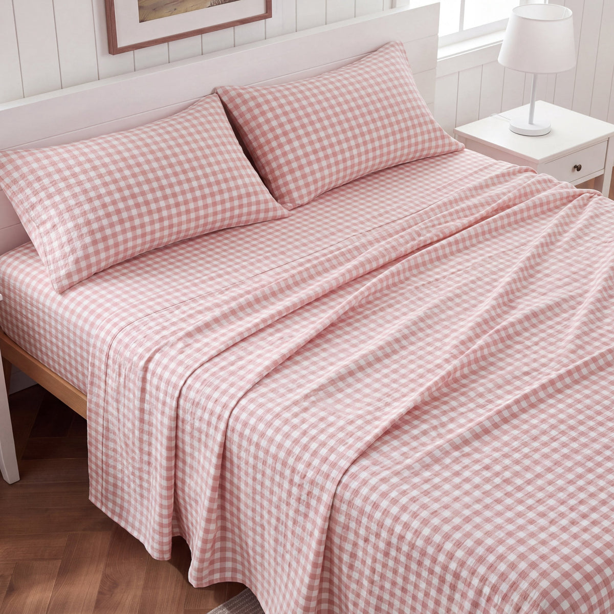 U by Bedsure Gingham Queen Sheets, 4 Pieces 16" Deep Pockets Soft Prewashed Microfiber Plaid Bed Sheets Set, Pink New