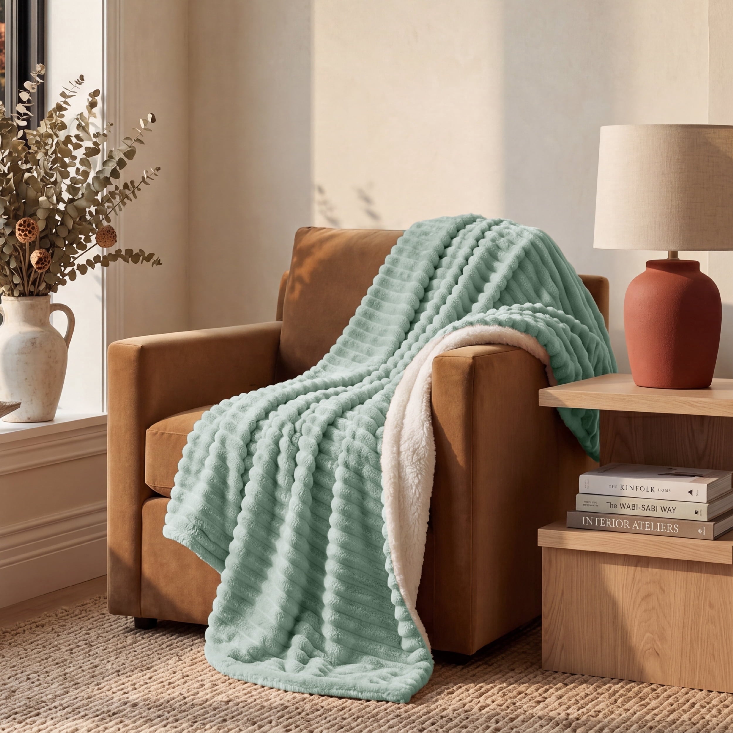 U by Bedsure Sherpa Throw 50x60 Inch, Textured Ribbed Fleece Throw for Couch, Soft Cozy Warm Throw for Bed and Sofa, Jadeite New