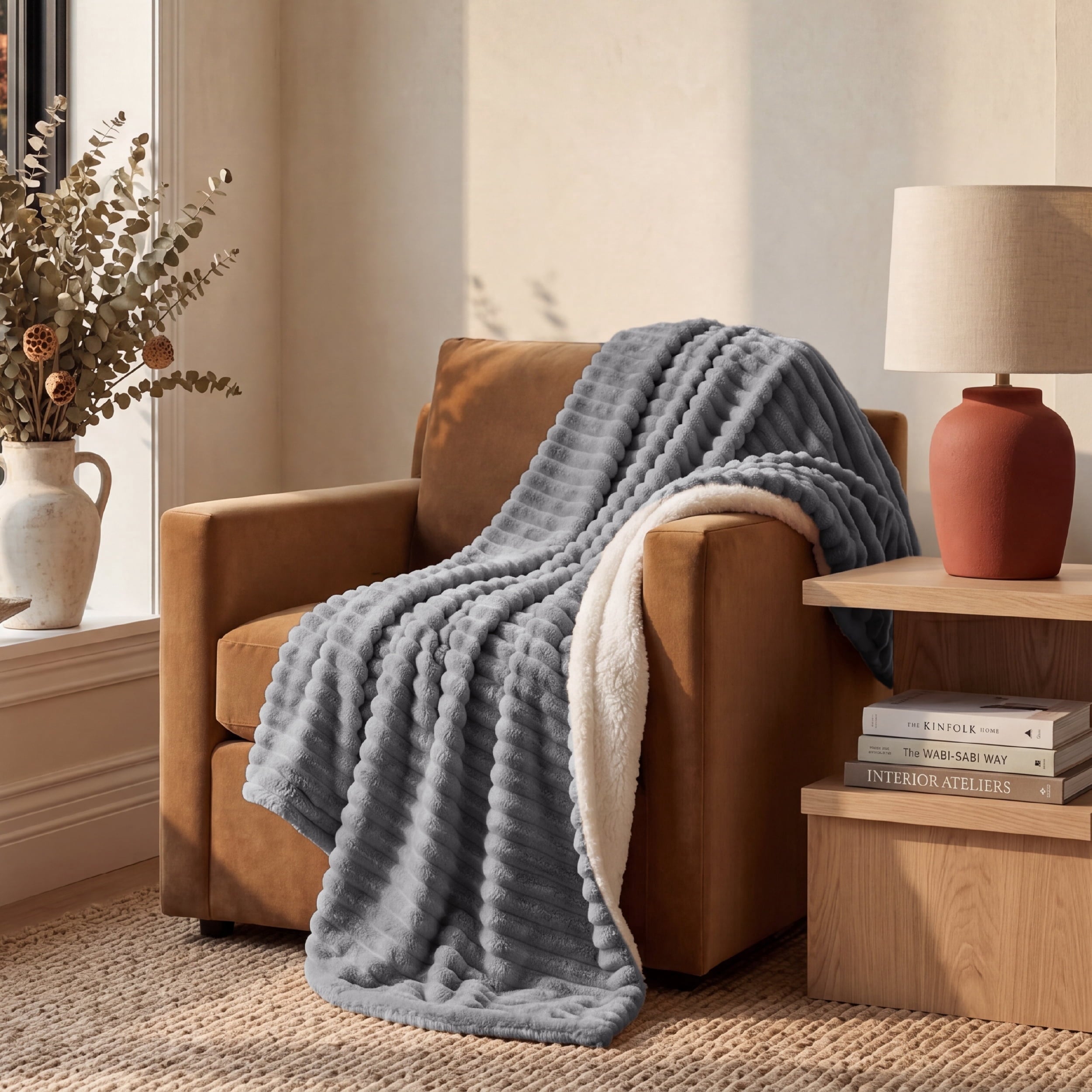 U by Bedsure Sherpa Throw 50x60 Inch, Textured Ribbed Fleece Throw for Couch, Soft Cozy Warm Throw for Bed and Sofa, Smoke Grey New