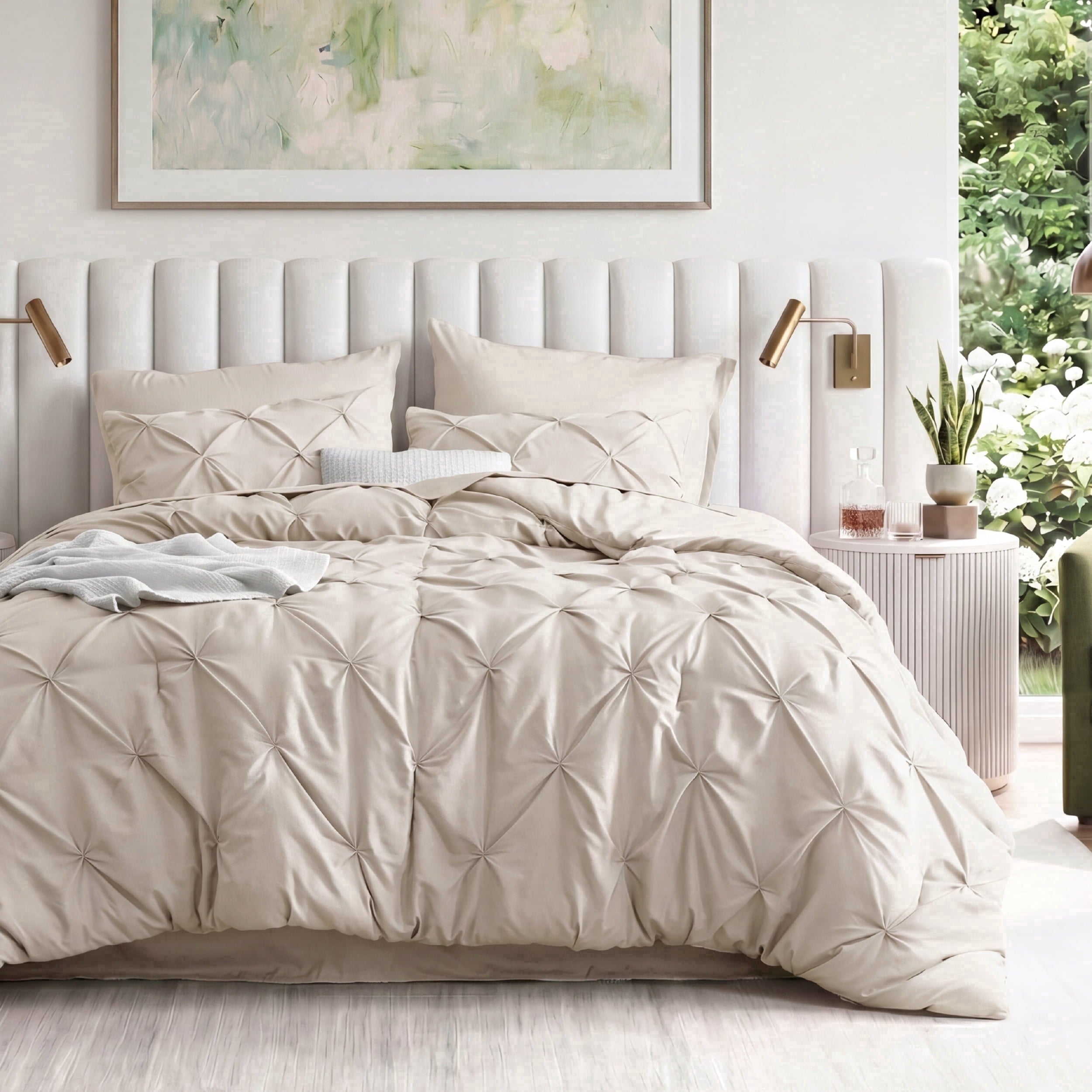 U by Bedsure King Comforter Set Beige, Bed in a Bag King Size Bedding, 7 Pieces Pinch Pleat All Season Comforter with Sheets, Pillowcases & Shams New