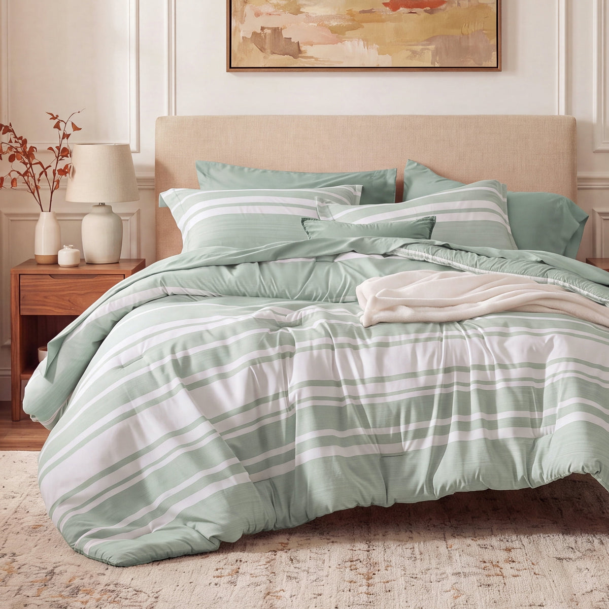 U by Bedsure King Comforter Set Sage Green, 7 Pieces Reversible Bed in a Bag, Striped Bedding Set, All-Season New