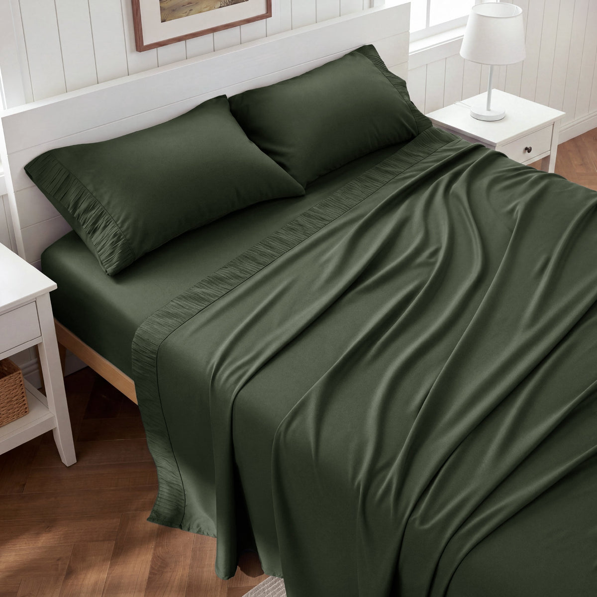 U by Bedsure King Sheets Set, 4 Pieces Deep Pockets Cooling Soft Polyester Microfiber Bed Sheets Set, Olive Green New