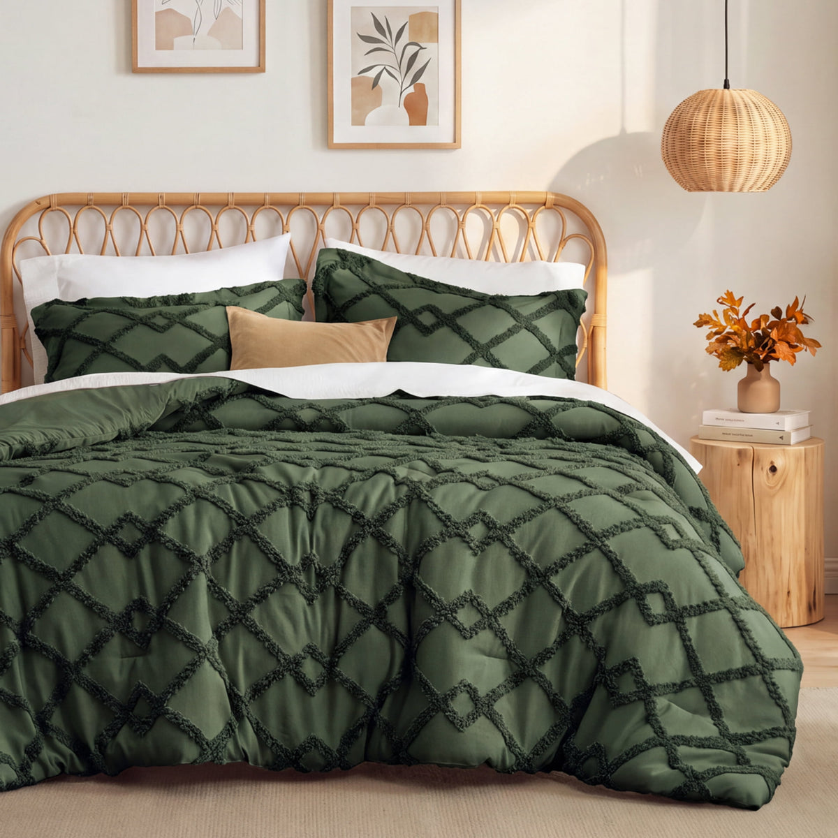 U by Bedsure King Size Comforter Set, Olive Green Tufted Embroidery Boho Farmhouse 3 Piece Bed Comforter Set, Soft Fluffy Geometric Pattern Bedding New