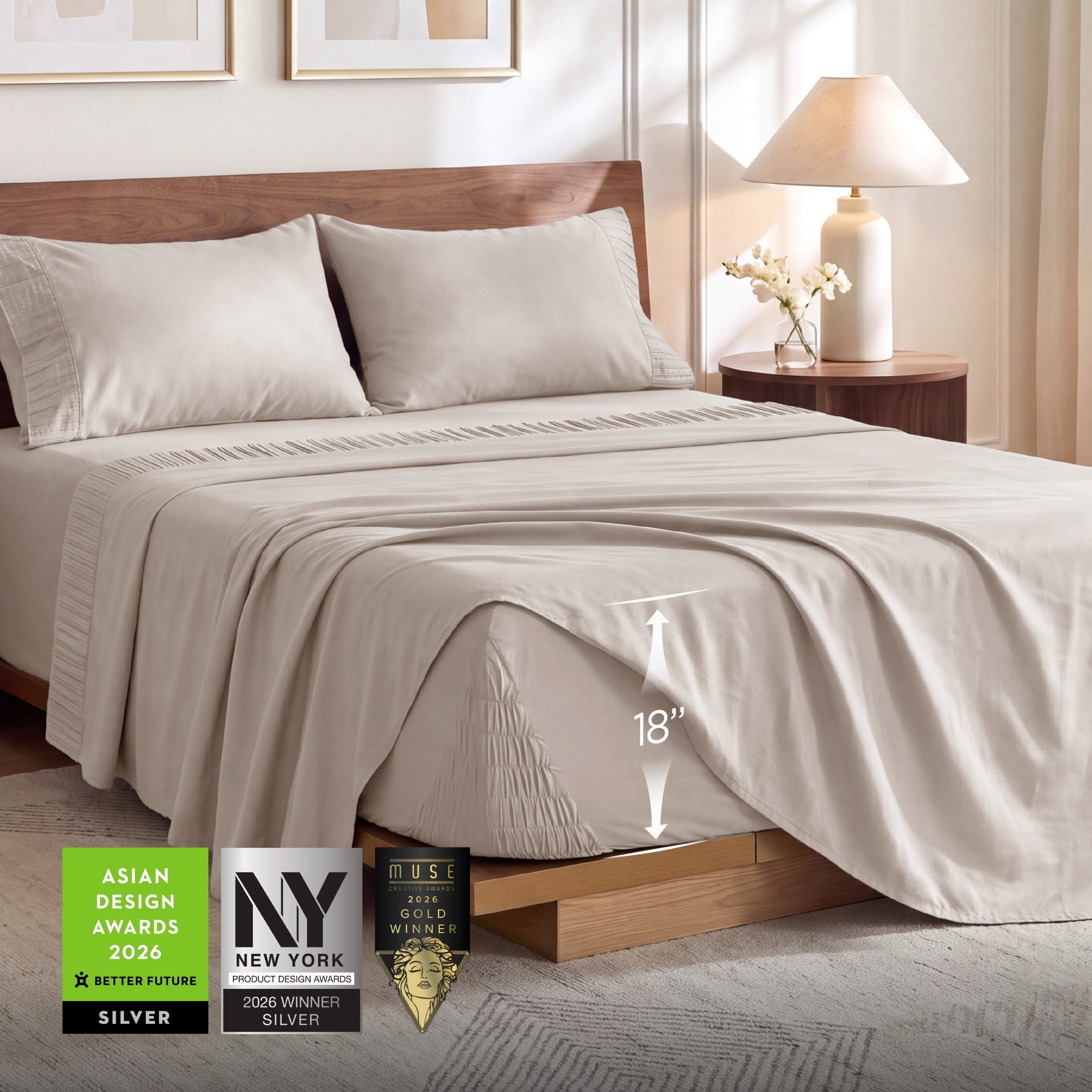 U by Bedsure Stay Put King Sheet Sets, 4 Piece 18" Deep Pockets Non-Slip Polyester Microfiber Bed Sheets, Beige New