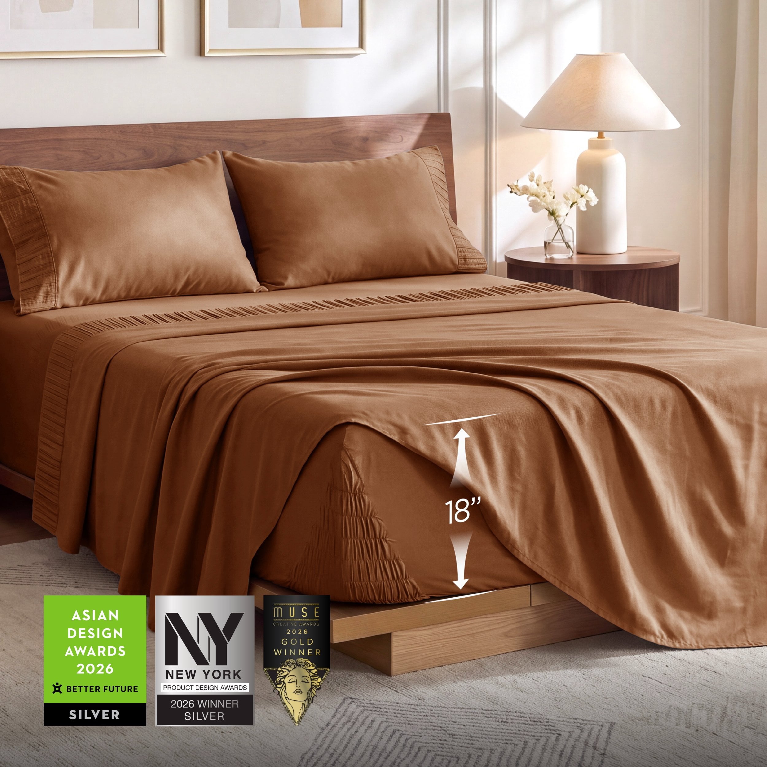 U by Bedsure Stay Put King Sheet Sets, 4 Piece 18" Deep Pockets Non-Slip Polyester Microfiber Bed Sheets, Brown New