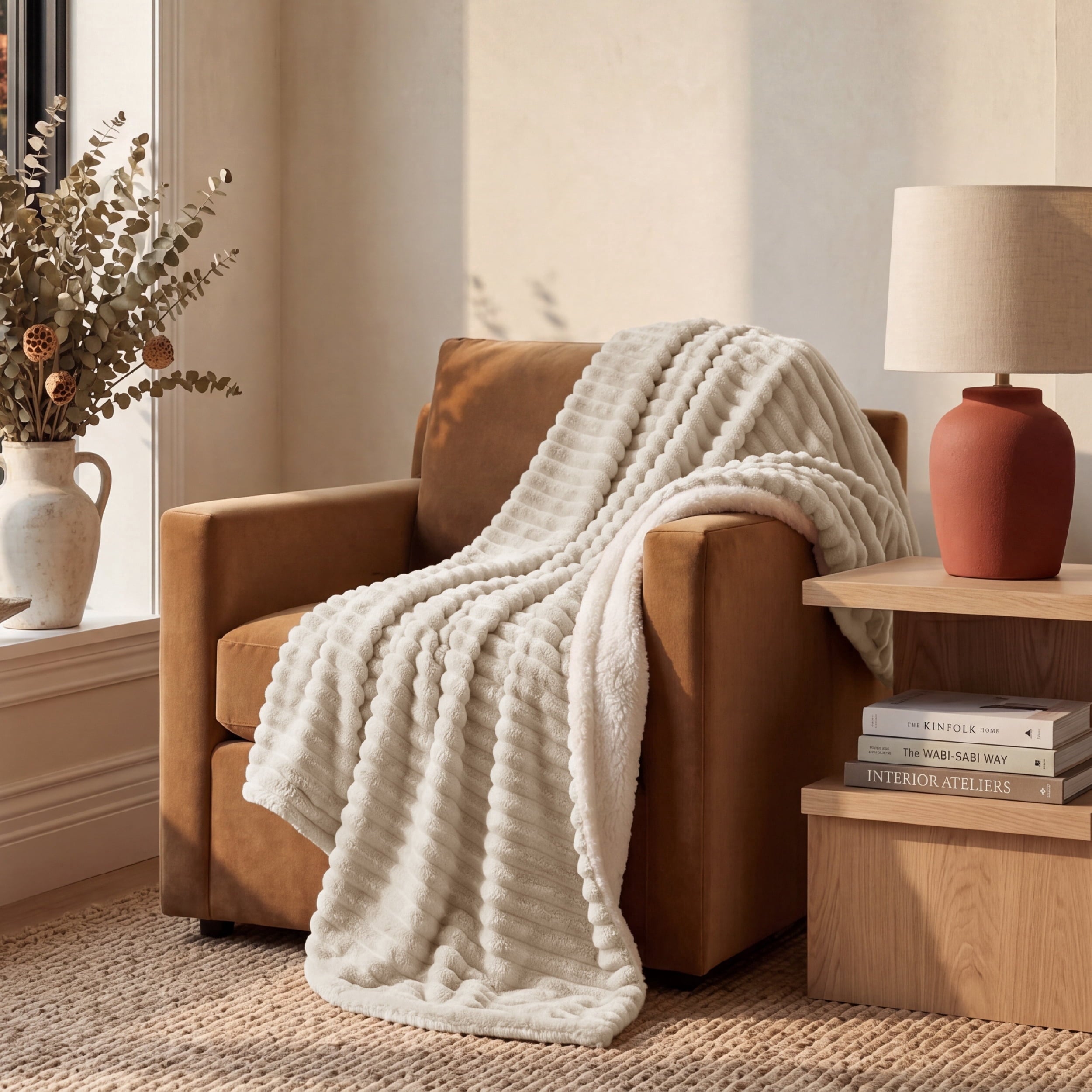 U by Bedsure Sherpa Throw 50x60 Inch, Textured Ribbed Fleece Throw for Couch, Soft Cozy Warm Throw for Bed and Sofa, Natural Linen New
