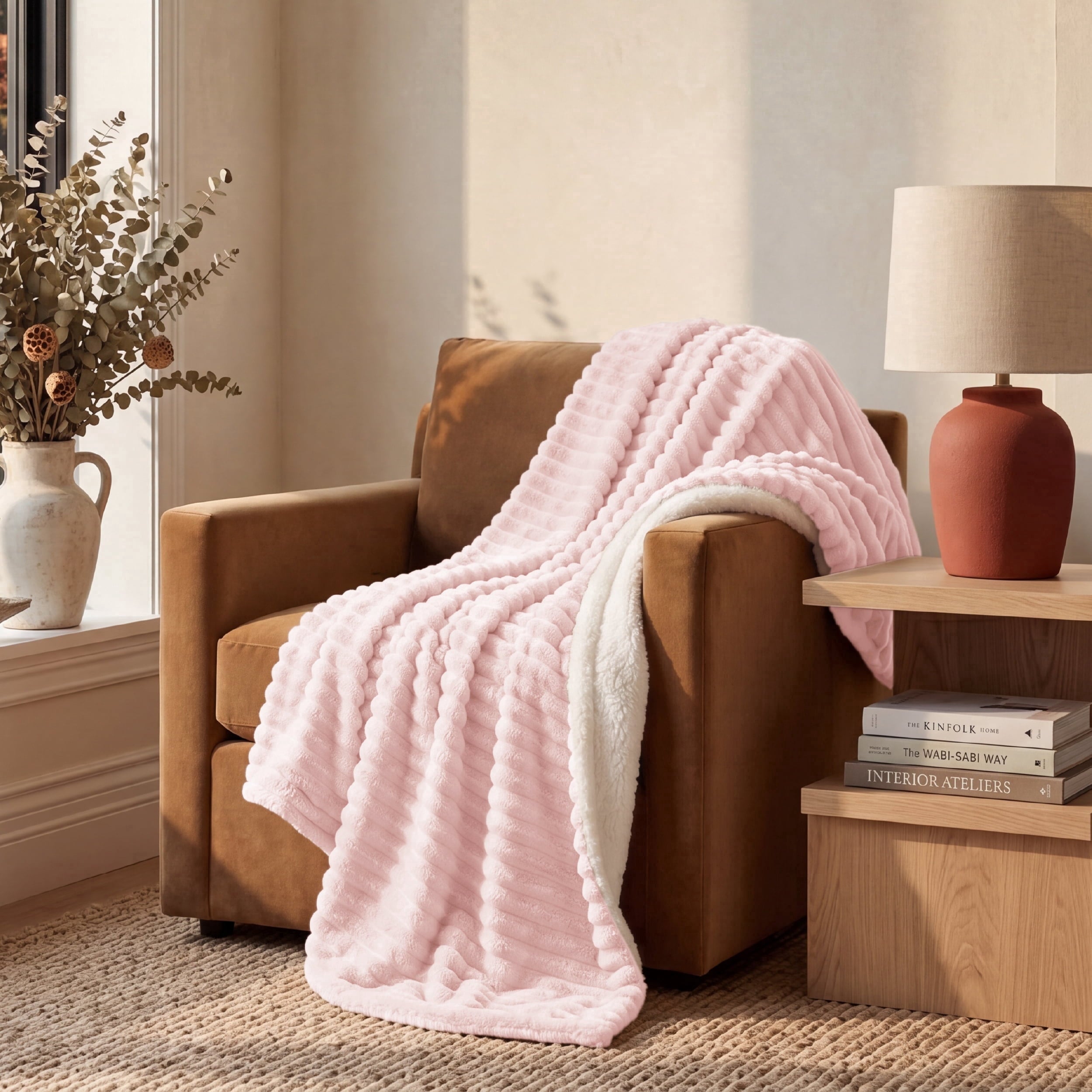 U by Bedsure Sherpa Throw 50x60 Inch, Textured Ribbed Fleece Throw for Couch, Soft Cozy Warm Throw for Bed and Sofa, Diamond Pink New