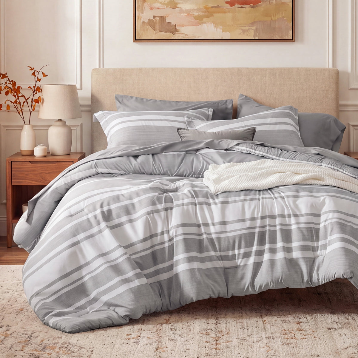 U by Bedsure Queen Comforter Set Gray, 7 Pieces Reversible Bed in a Bag, Striped Bedding Set, All-Season New