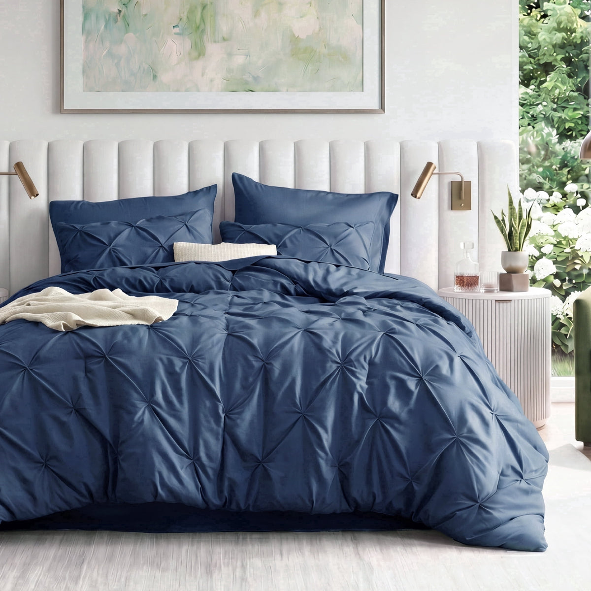 U by Bedsure Queen Comforter Set Navy, Bed in a Bag Queen Size Bedding, 7 Pieces Pinch Pleat All Season Comforter with Sheets, Pillowcases & Shams New