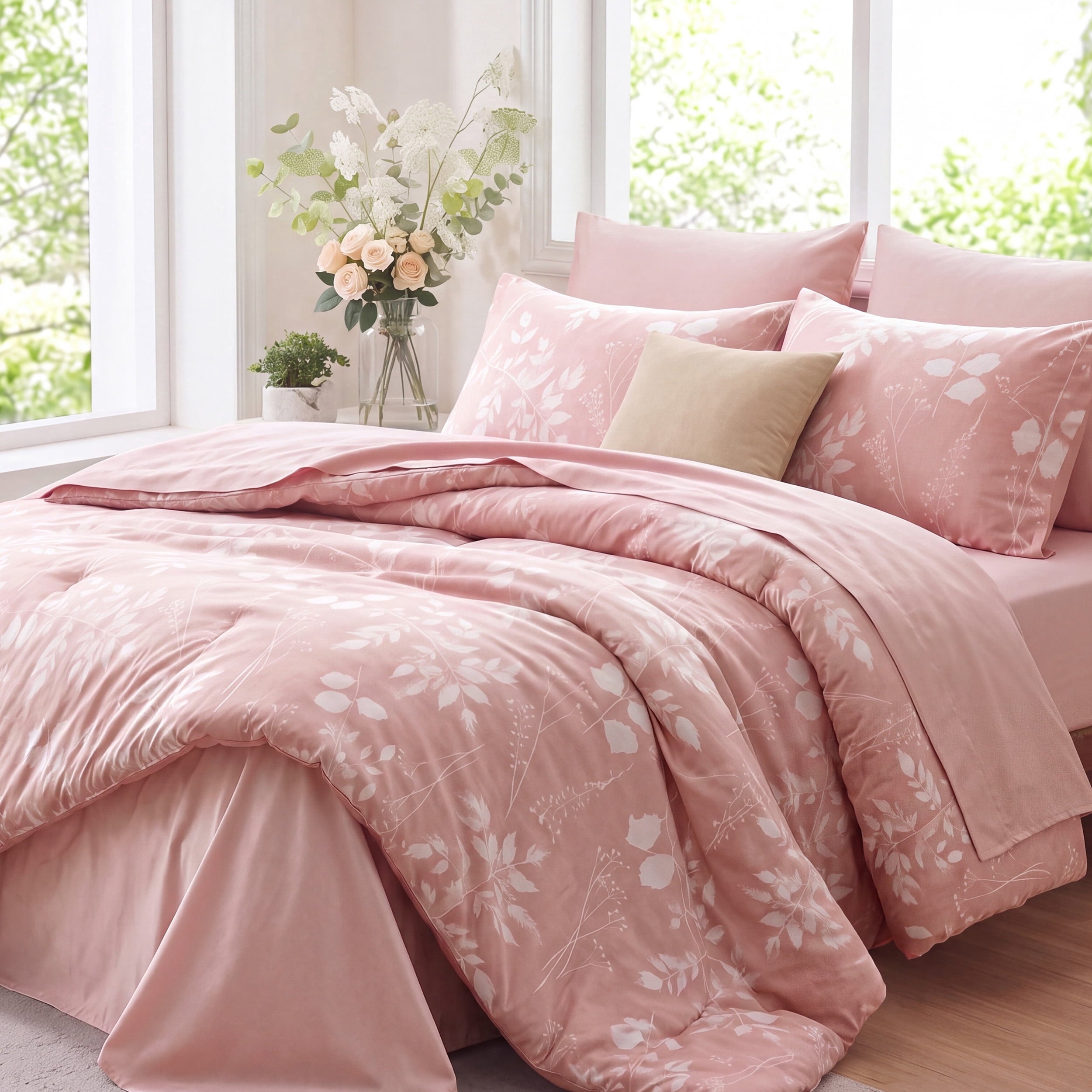 U by Bedsure Queen Comforter Set Pink, Bed in a Bag Queen Size Bedding, 7-Pieces Botanical Flowers Spring Comforter, Sheets, Pillowcases & Shams New