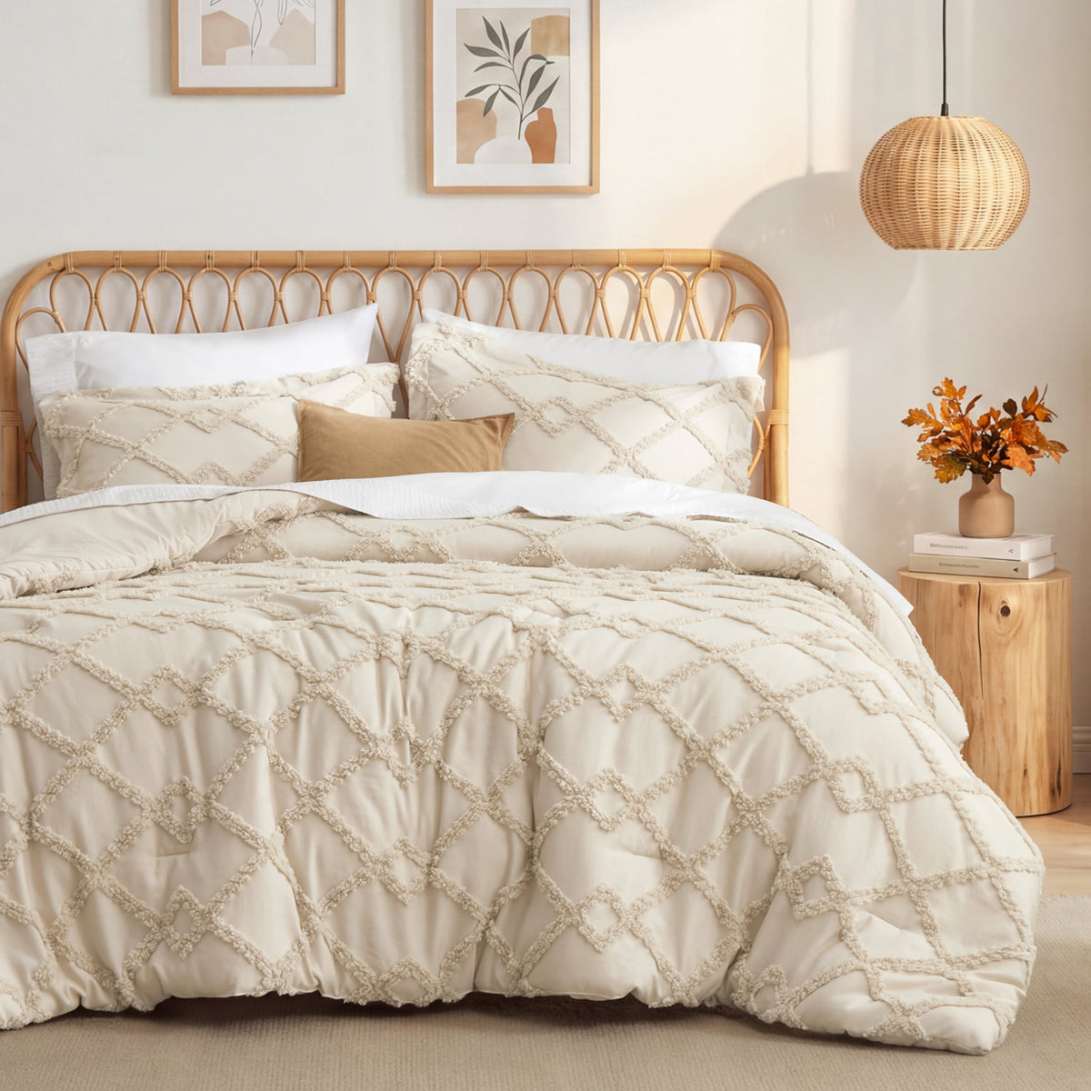 U by Bedsure Queen Size Comforter Set, Beige Tufted Embroidery Boho Farmhouse 3 Piece Bed Comforter Set, Soft Fluffy Geometric Pattern Bedding New