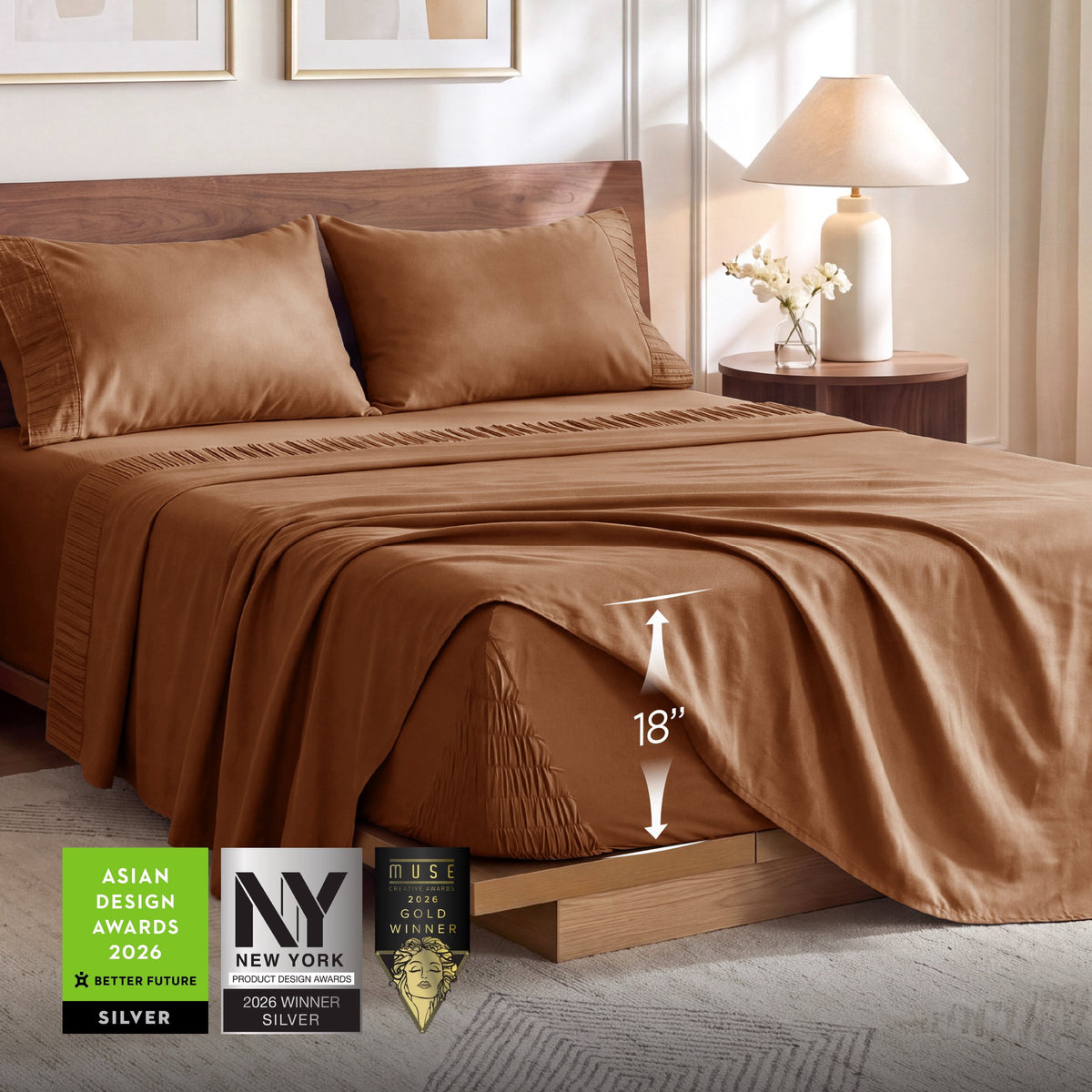 U by Bedsure Stay Put Queen Sheet Sets, 4 Piece 18" Deep Pockets Non-Slip Polyester Microfiber Bed Sheets, Brown New