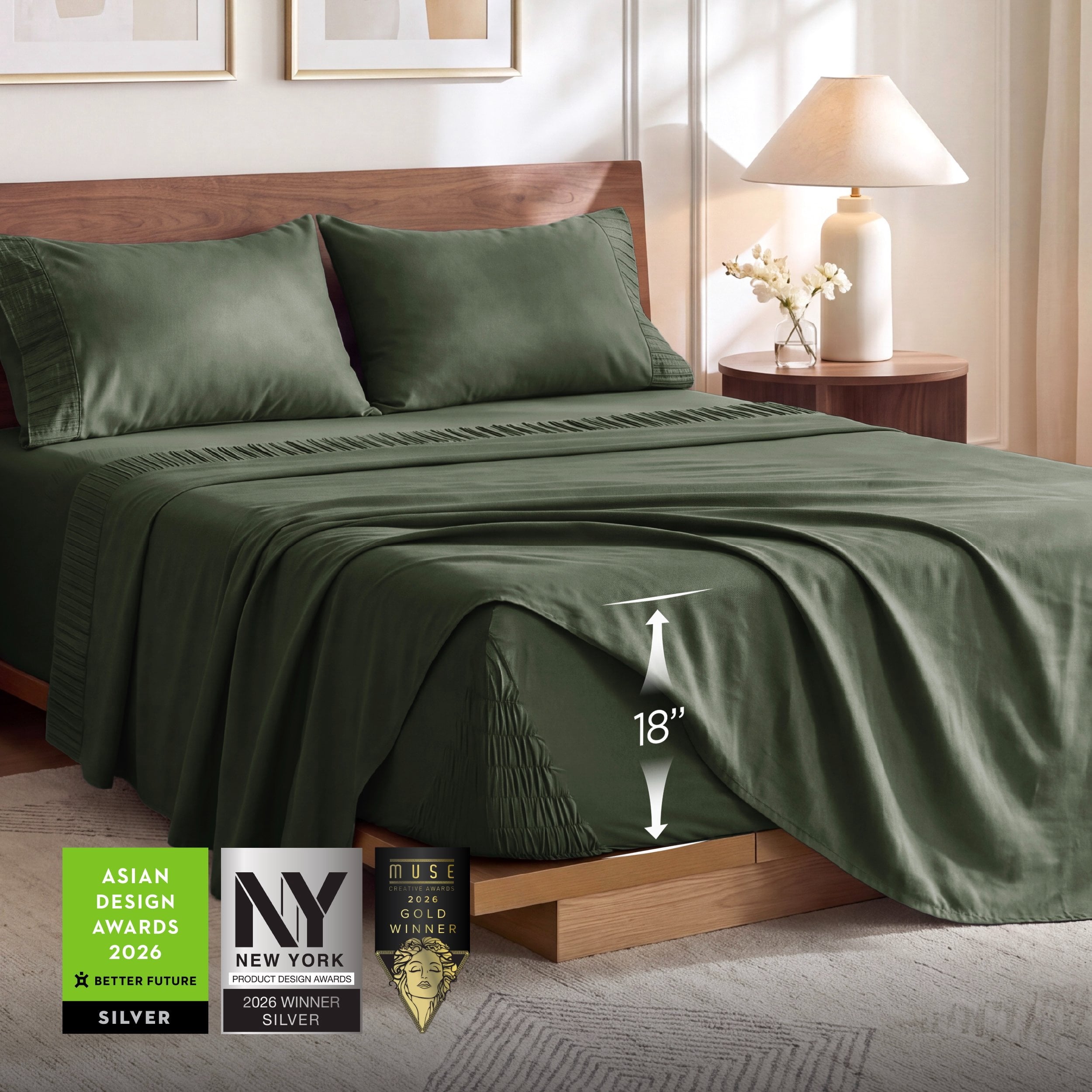 U by Bedsure Stay Put Queen Sheet Sets, 4 Piece 18" Deep Pockets Non-Slip Polyester Microfiber Bed Sheets, Olive Green New