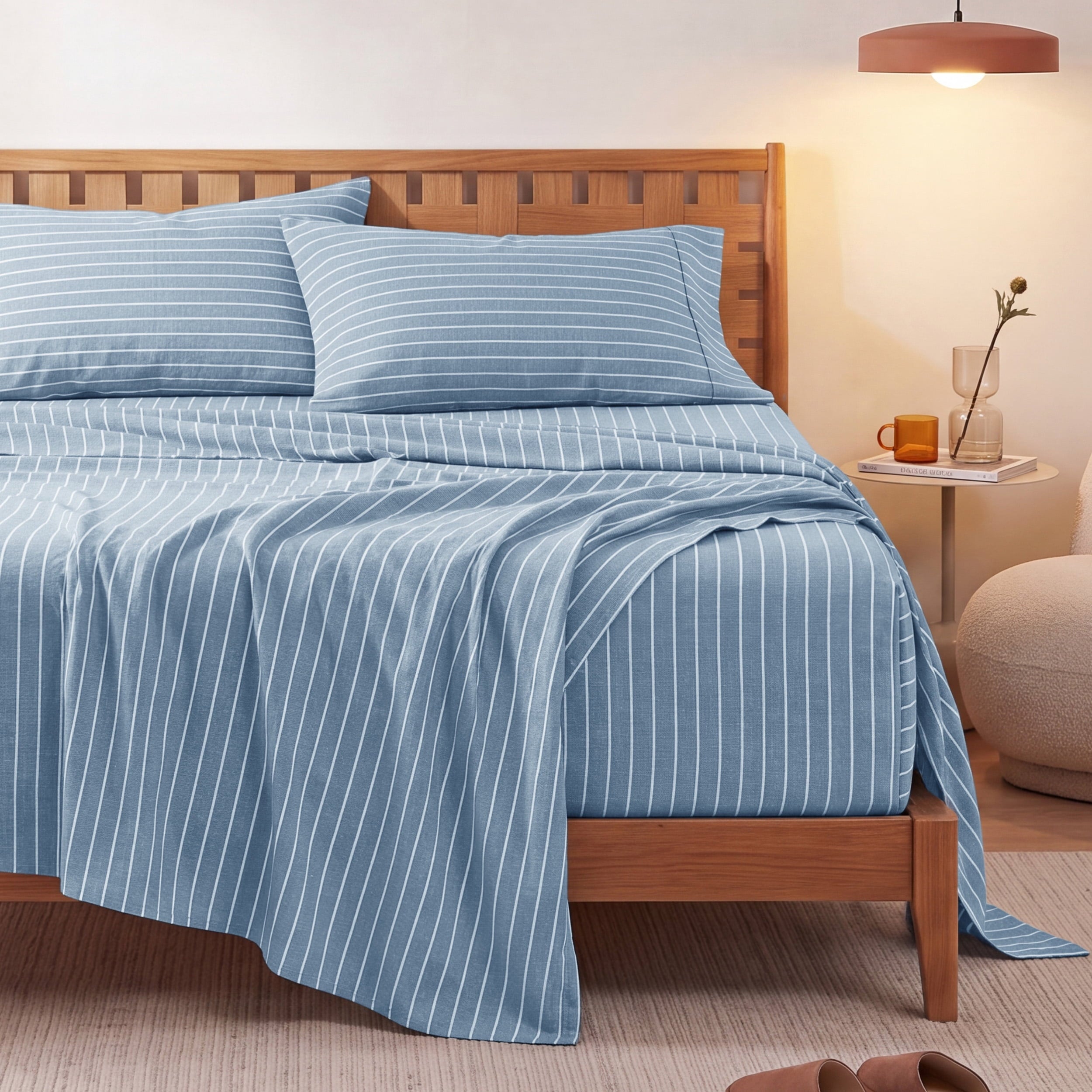 U by Bedsure Striped Queen Sheets Set, 4 Piece 16" Deep Pockets Soft Prewashed Microfiber Jacquard Bed Sheets, Blue New