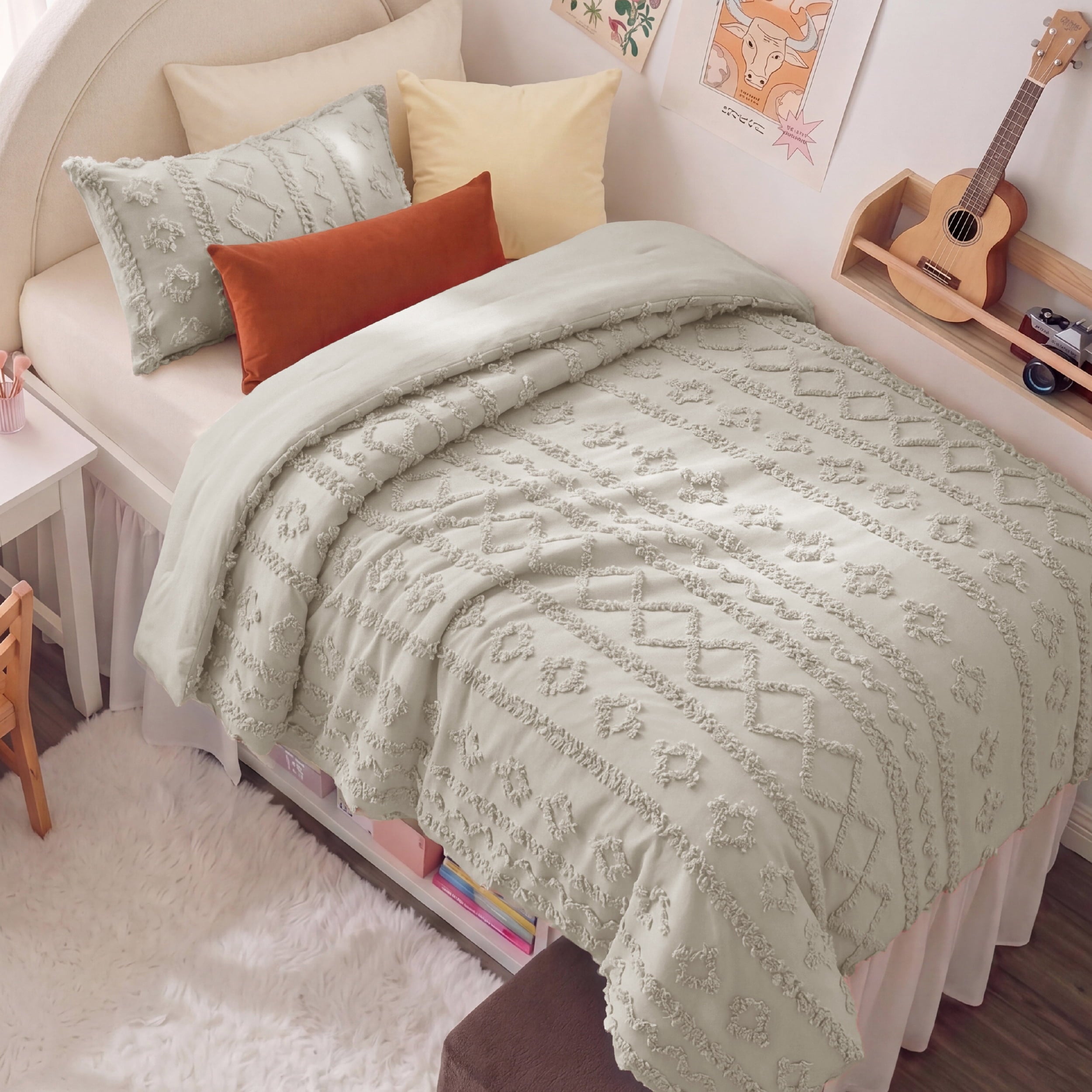 U by Bedsure Tufted Boho Twin XL Comforter Set, 2 Pieces Farmhouse Shabby Chic Embroidery Bedding Set, Soft Jacquard Linen Comforter for All Seasons, Twin, Natural, new