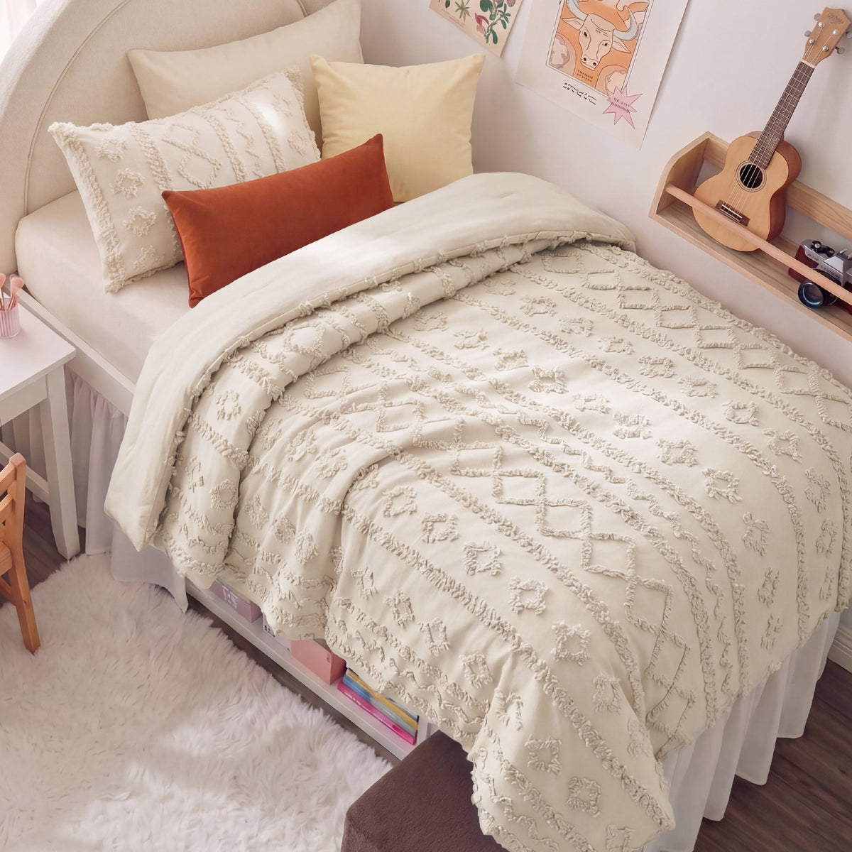 U by Bedsure Tufted Boho Twin XL Comforter Set, 2 Pieces Farmhouse Shabby Chic Embroidery Bedding Set, Soft Jacquard Beige Comforter for All Seasons, Twin, Oat Milk New