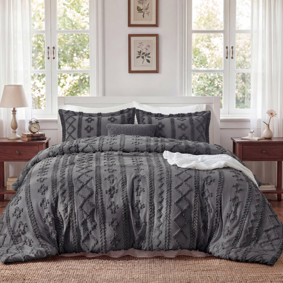 U by Bedsure Tufted Boho Full Comforter Set, 3 Pieces Farmhouse Shabby Chic Embroidery Bedding Set, Soft Jacquard Dark Grey Comforter for All Seasons New