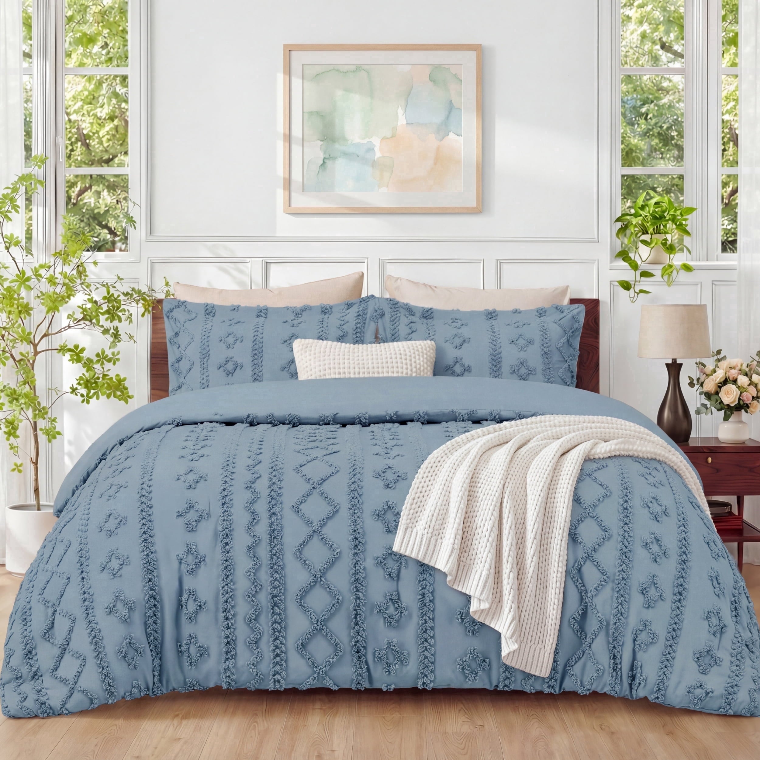 U by Bedsure King Tufted Boho Comforter Set, 3 Pieces Farmhouse Shabby Chic Embroidery Bedding Set, Soft Jacquard Grey Blue Comforter for All Seasons New