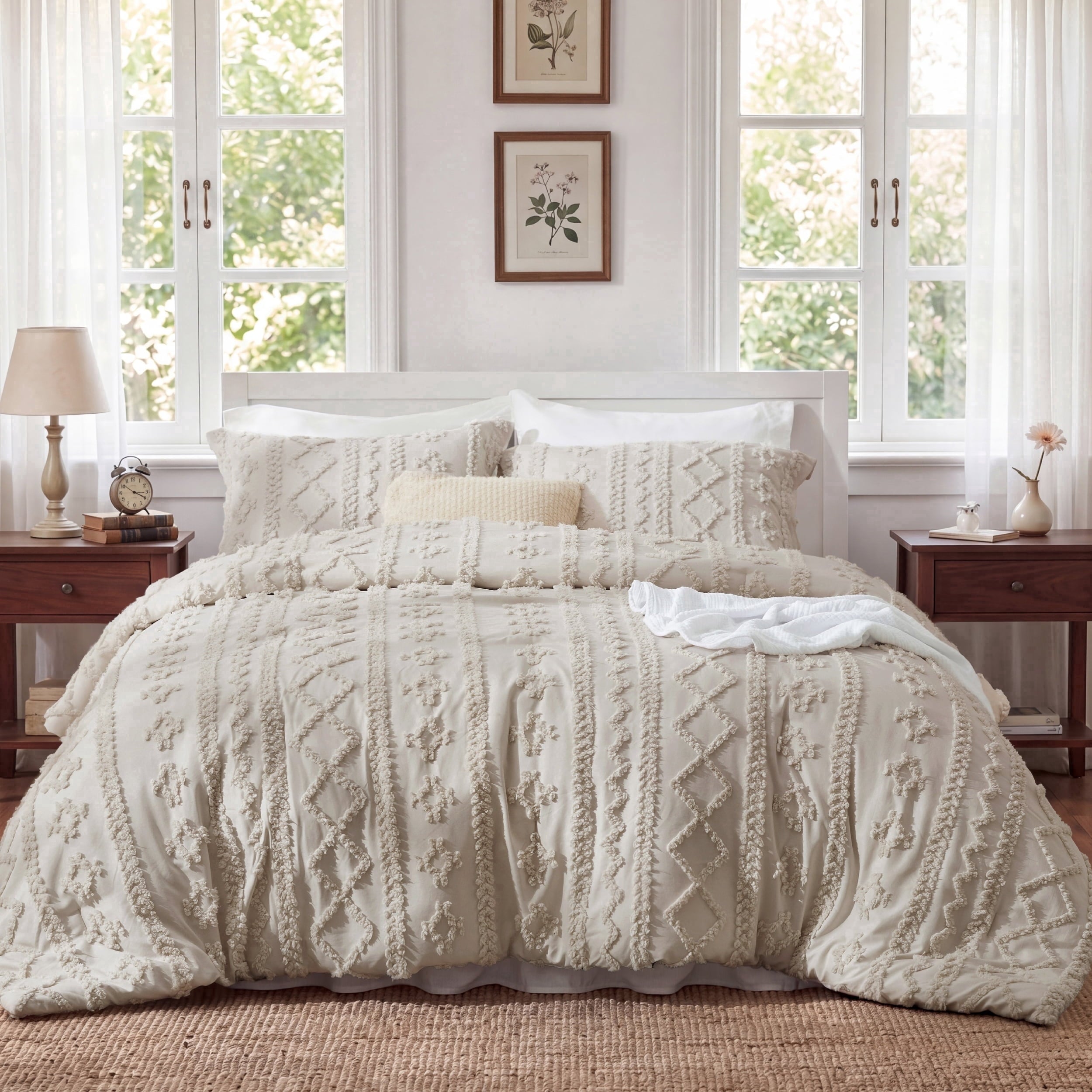 U by Bedsure King Tufted Boho Comforter Set, 3 Pieces Farmhouse Shabby Chic Embroidery Linen Bedding Set, Soft Jacquard Comforter for All Seasons, Natural New