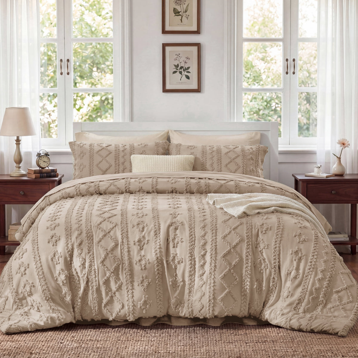 U by Bedsure Tufted Boho Comforter Set Full, Khaki, 3 Pieces Farmhouse Shabby Chic Embroidery Bedding Set, Soft Jacquard Comforter for All Seasons New