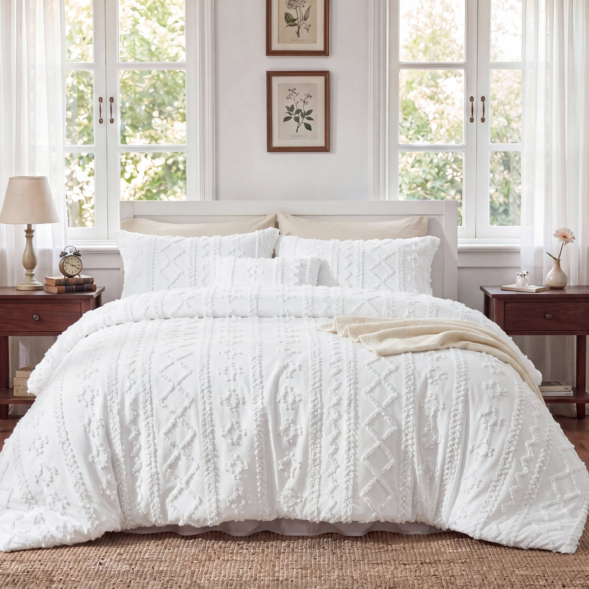 U by Bedsure Tufted Boho Comforter Set Full, White, 3 Pieces Farmhouse Shabby Chic Embroidery Bedding Set, Soft Jacquard Comforter for All Seasons New