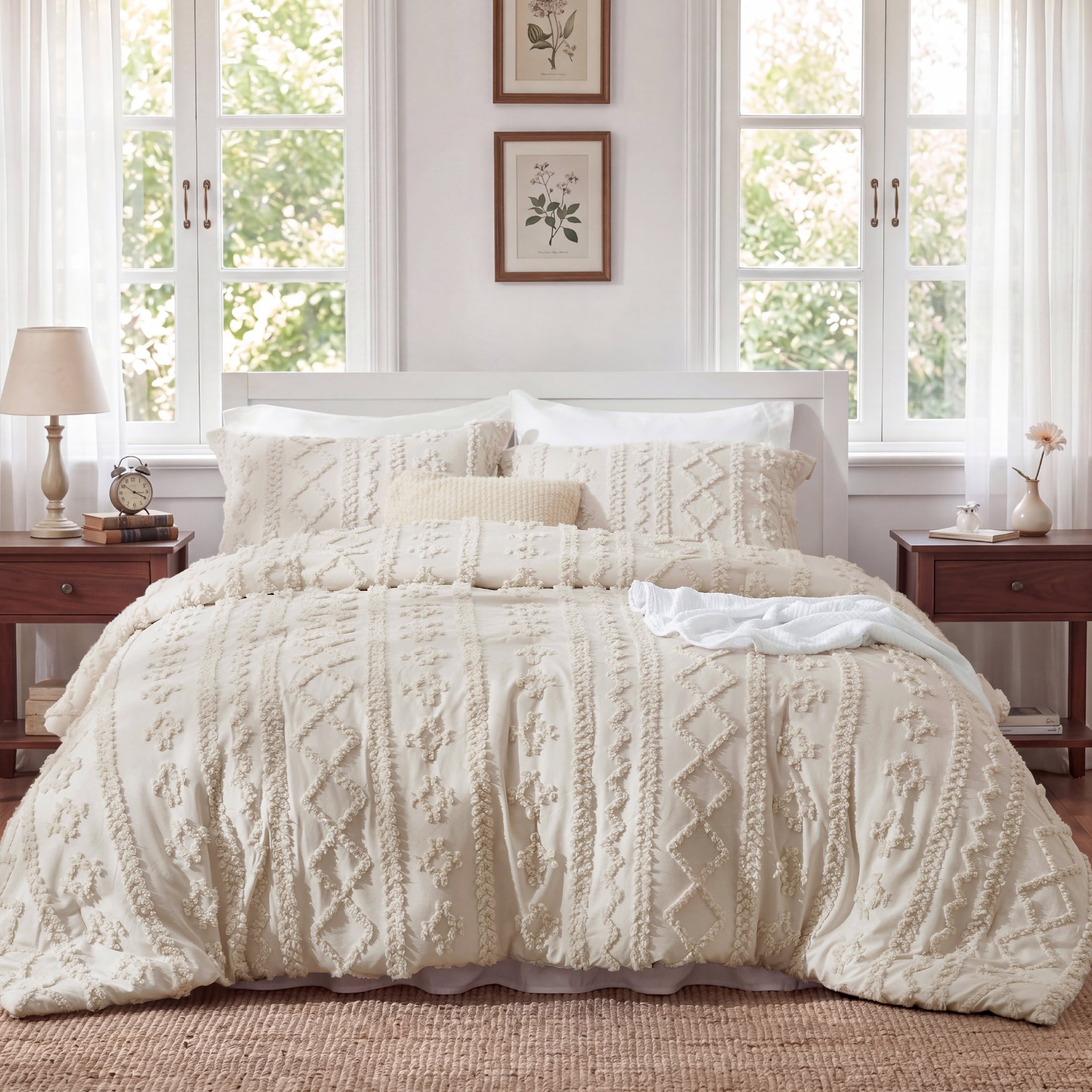 U by Bedsure Tufted Boho Comforter Set King, Beige, 3 Pieces Farmhouse Shabby Chic Embroidery Bedding Set, Soft Jacquard Comforter for All Seasons, new
