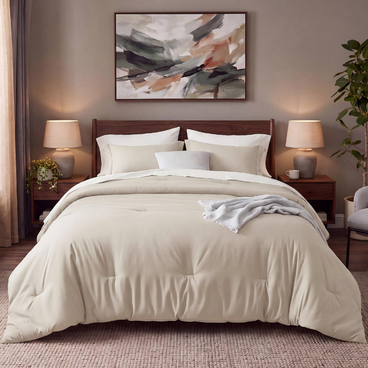 U by Bedsure Twin Comforter Set Beige, 5 Pieces Reversible Bed in a Bag, Boho Lightweight Dorm Bedding Set, Contrasting Design New