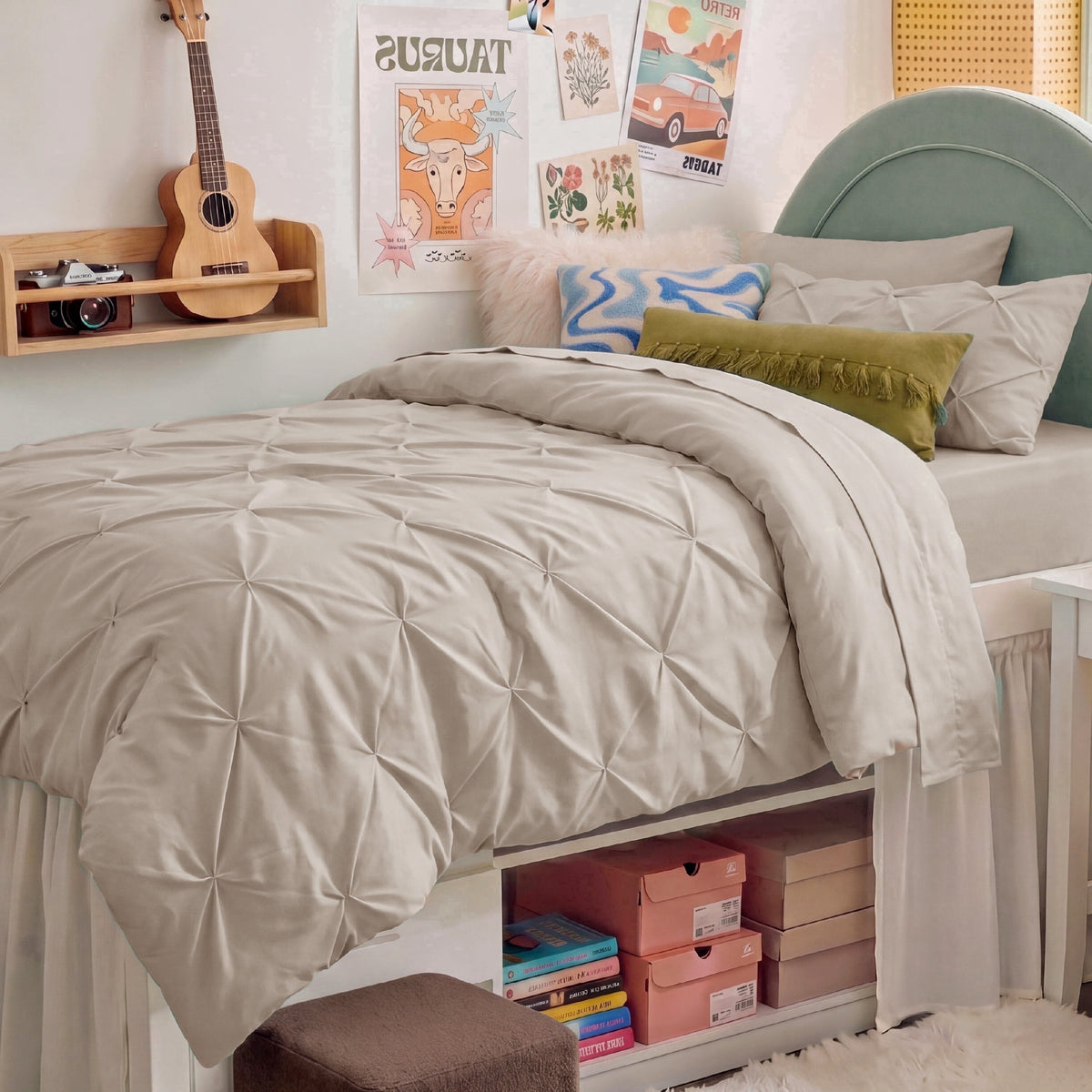 U by Bedsure Twin Twin XL Comforter Set Beige, Bedding for College Dorm, 5 Pieces Bed in a Bag with Pinch Pleat Comforter, Sheets, Pillowcases & Shams New