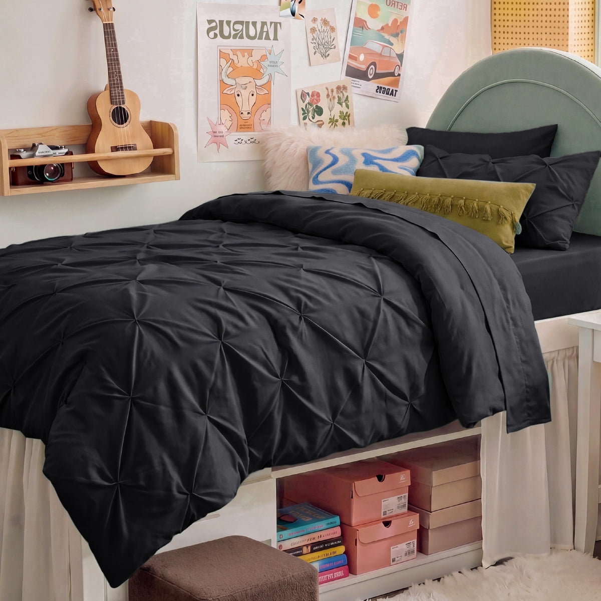 U by Bedsure Twin Twin XL Comforter Set Black, Bedding for College Dorm, 5 Pieces Bed in a Bag with Pinch Pleat Comforter, Sheets, Pillowcases & Shams New