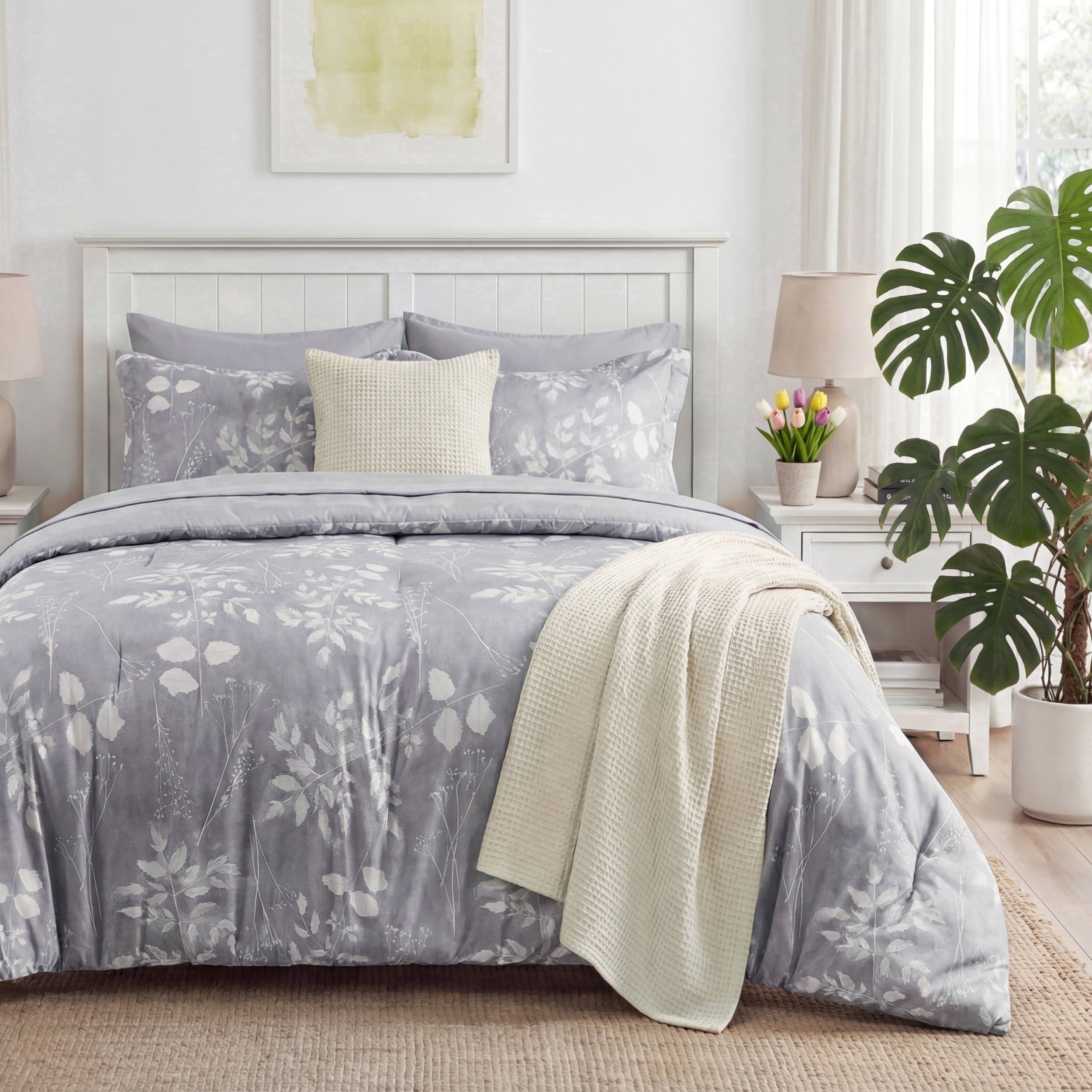 U by Bedsure Twin Comforter Set Grey, Bed in a Bag Twin Size Bedding, 5-Pieces Botanical Flowers Comforter, Sheets, Pillowcases & Shams