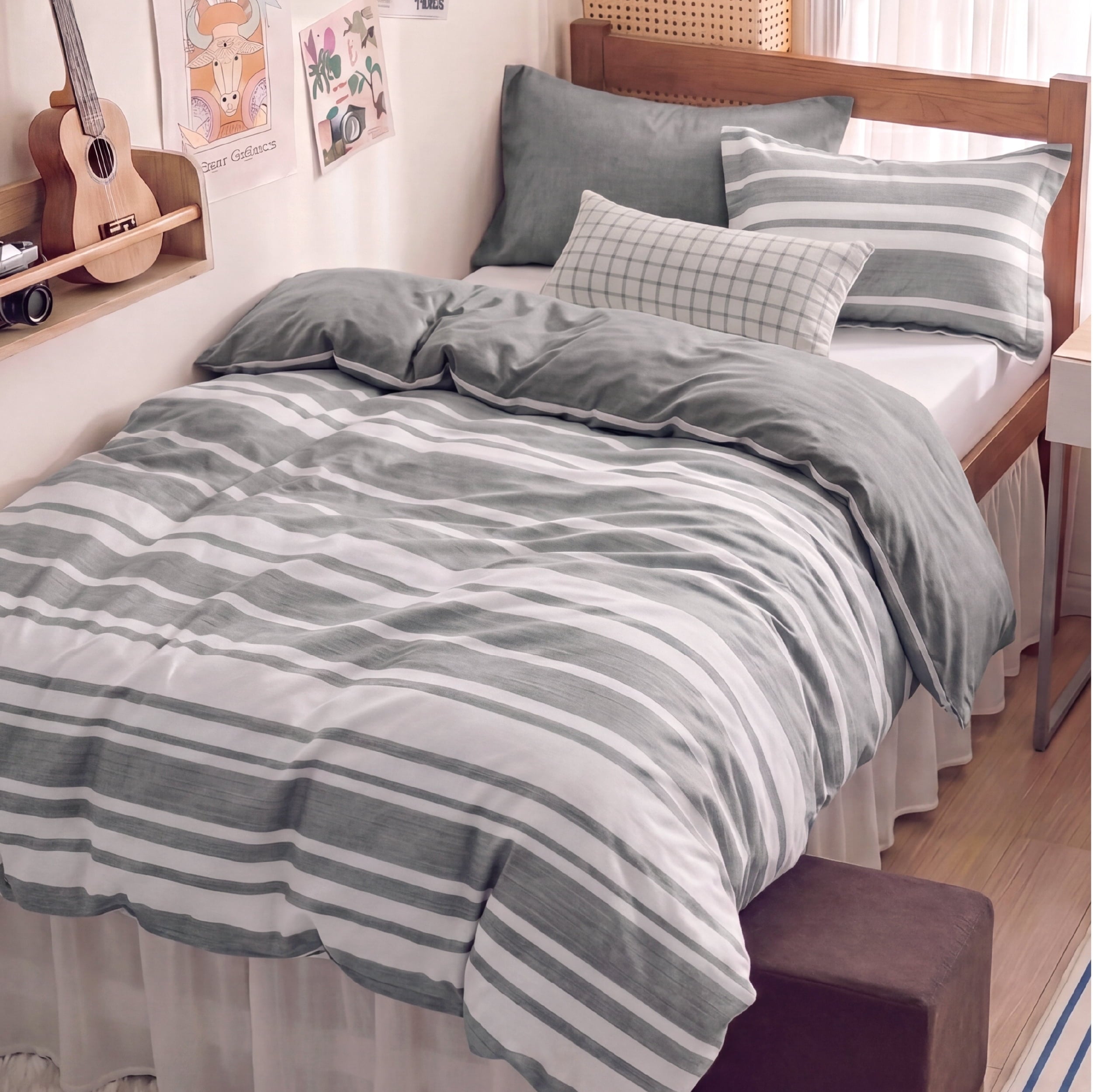 U by Bedsure Twin/Twin-XL Comforter Set Gray, 5 Pieces Reversible Bed in a Bag, Striped Dorm Bedding Set, All-Season New