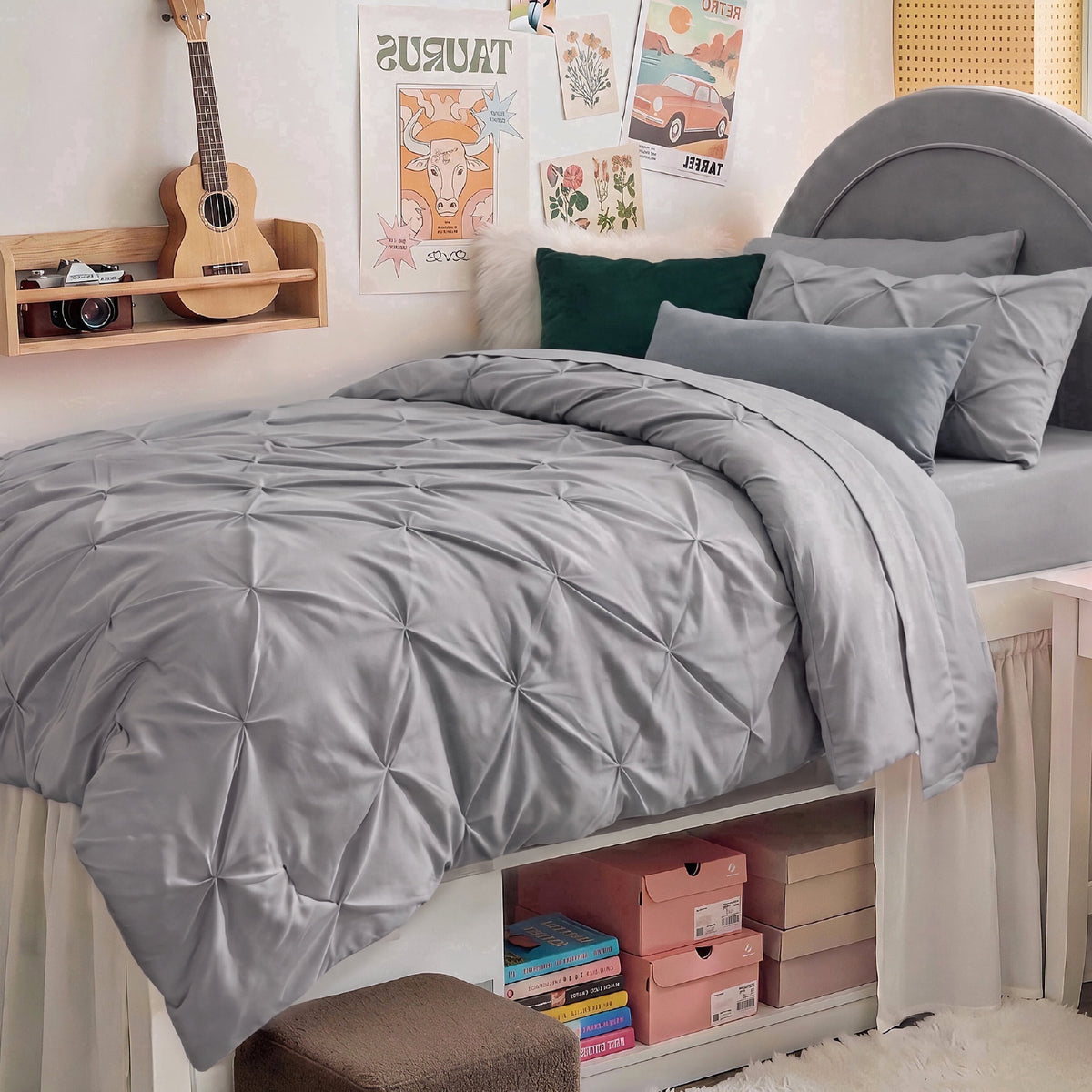 U by Bedsure Twin Twin XL Comforter Set Grey, Bedding for College Dorm, 5 Pieces Bed in a Bag with Pinch Pleat Comforter, Sheets, Pillowcases & Shams New