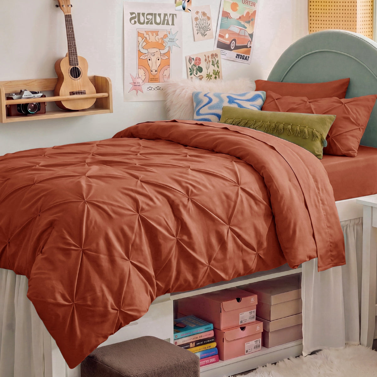 U by Bedsure Twin Twin XL Comforter Set Burnt Orange, Bedding for College Dorm, 5 Pieces Bed in a Bag with Pinch Pleat Comforter, Sheets, Pillowcases & Shams New