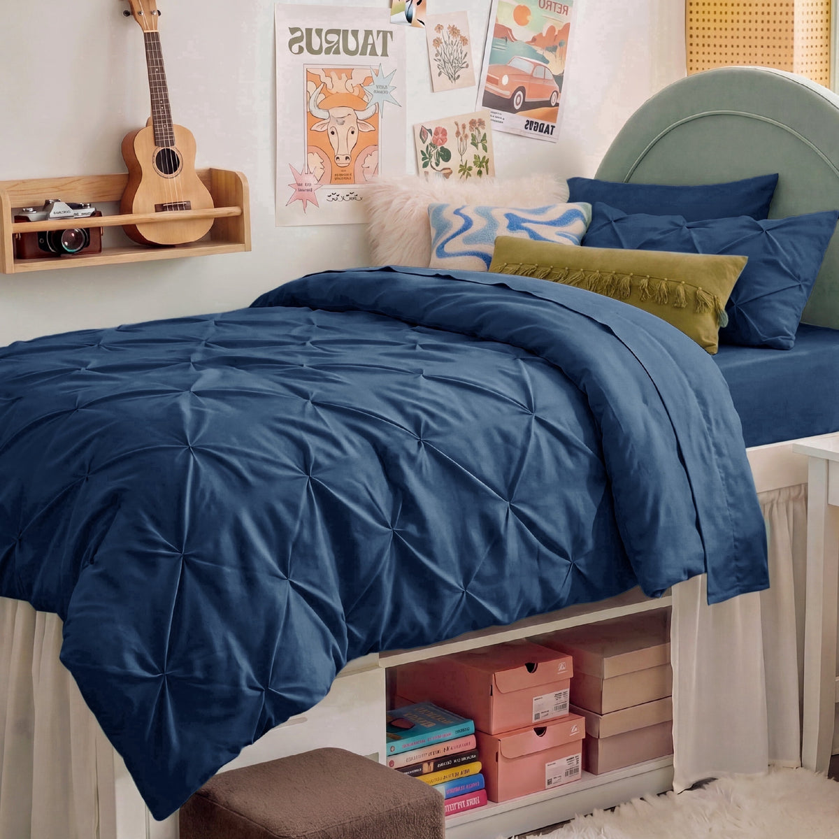 U by Bedsure Twin Twin XL Comforter Set Navy, Bedding for College Dorm, 5 Pieces Bed in a Bag with Pinch Pleat Comforter, Sheets, Pillowcases & Shams New