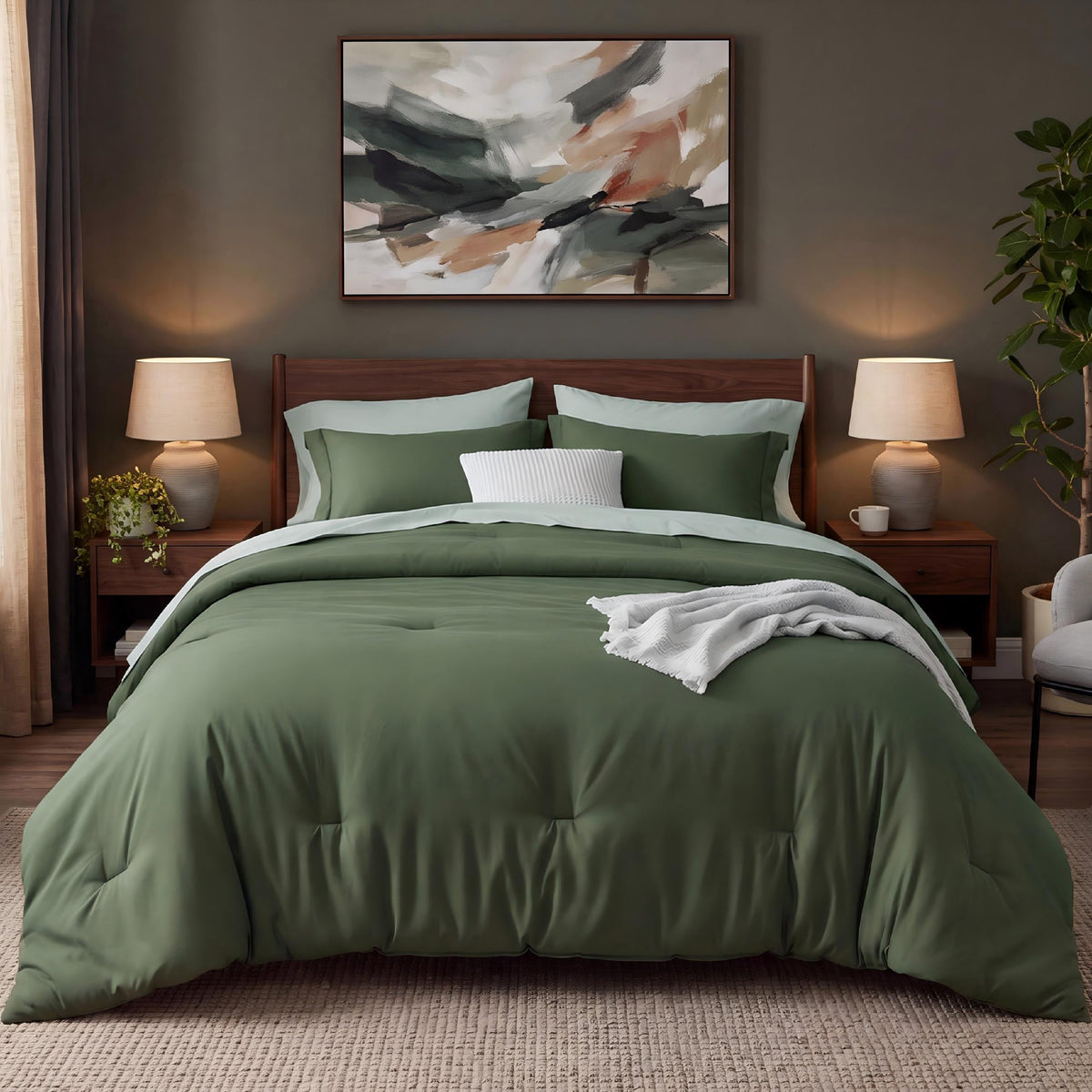 U by Bedsure Twin Comforter Set Olive Green, 5 Pieces Reversible Bed in a Bag, Boho Lightweight Dorm Bedding Set, Contrasting Design New