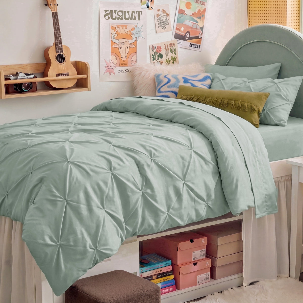 U by Bedsure Twin Twin XL Comforter Set Sage Green, Bedding for College Dorm, 5 Pieces Bed in a Bag with Pinch Pleat Comforter, Sheets, Pillowcases & Shams New