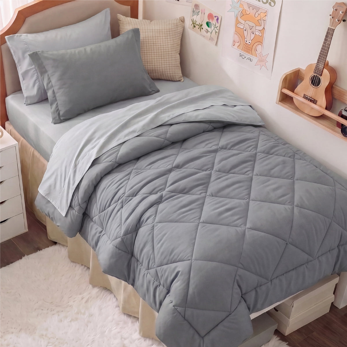 U by Bedsure Twin/Twin-XL Comforter Set, 5 Pieces Bed in a Bag, Reversible Lightweight Dorm Bedding Set, Gray New