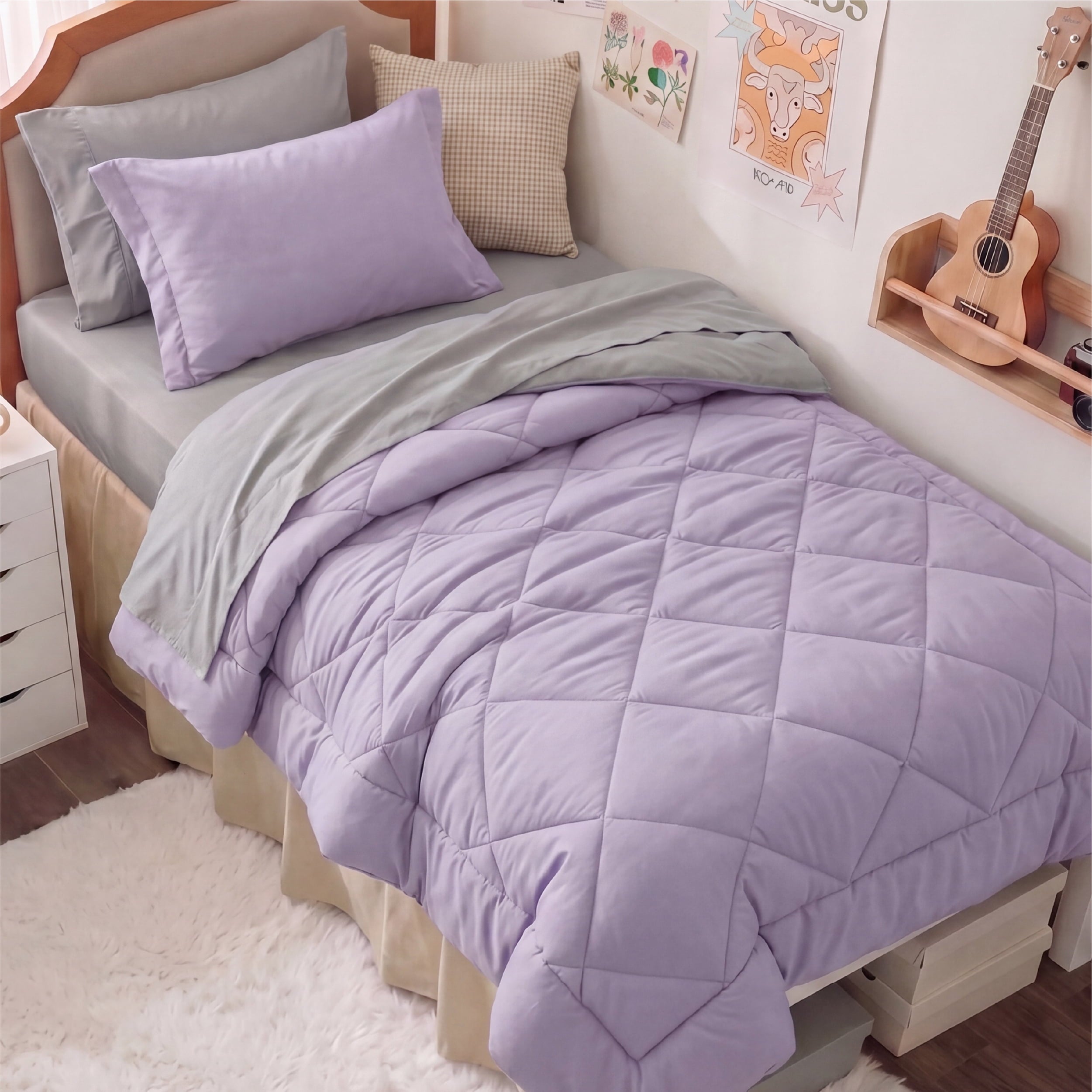 U by Bedsure Twin/Twin-XL Comforter Set, 5 Pieces Bed in a Bag, Reversible Lightweight Dorm Bedding Set, Light Purple, new