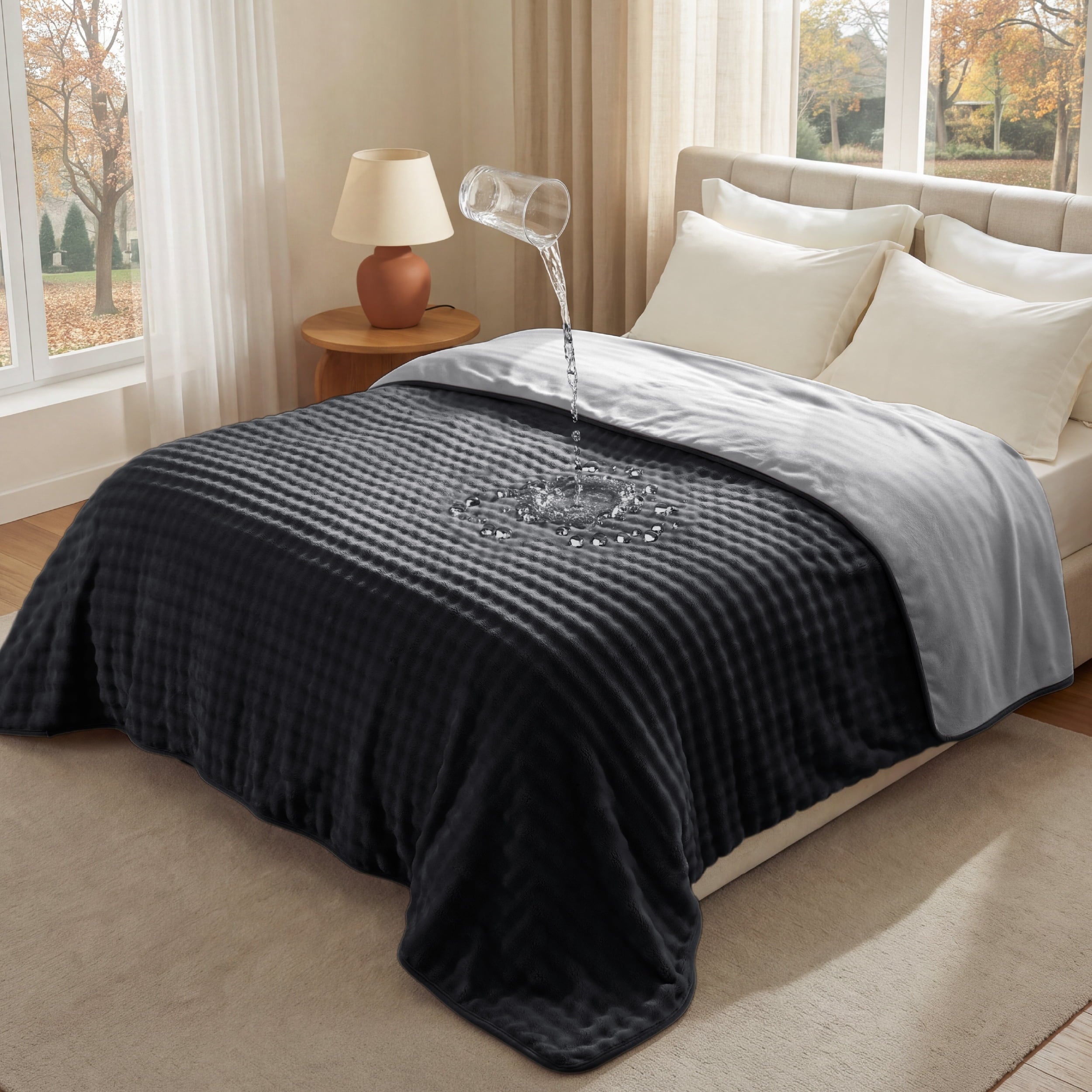 U by Bedsure Waterproof Throw Blanket Dual Sided Black Grey Anti-Spill Couch Blanket New