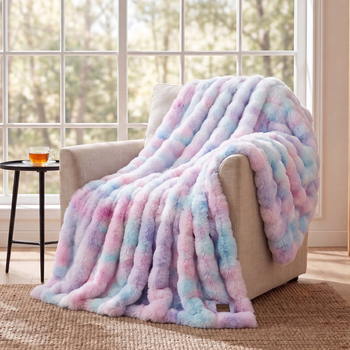U by Bedsure Gentlesoft Fluffy Faux Fur Throw Blanket,Twin Size,Tie?Dye Pastel Pink Lilac Blue Velvet Couch & Bed Decor, 60x80 inches New