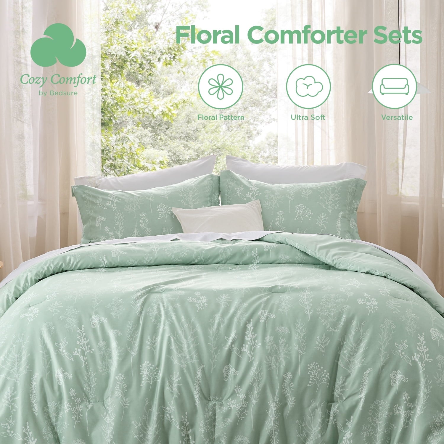 Cozy Comfort 3 Pieces Sage Green Floral Comforter Sets, 1 Soft Reversible Botanical Flowers Comforter and 2 Pillow Shams, Full Size