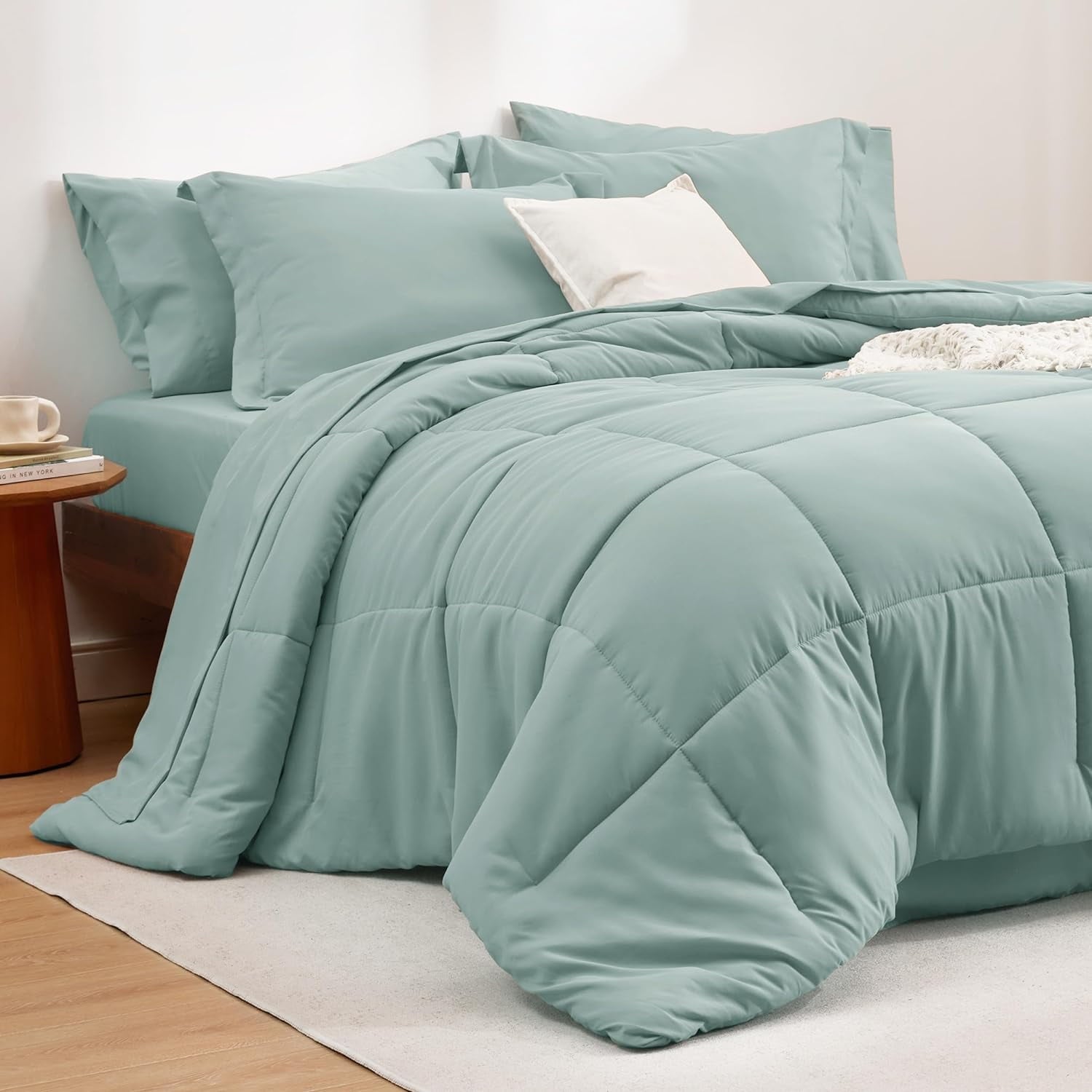 U by Bedsure Sage Green Queen Comforter Set - 7 Pieces Solid Queen Bed in a Bag, Queen Bed Set Sage Green with Quilted Warm Fluffy Comforters, Sheets, Pillowcases & Shams