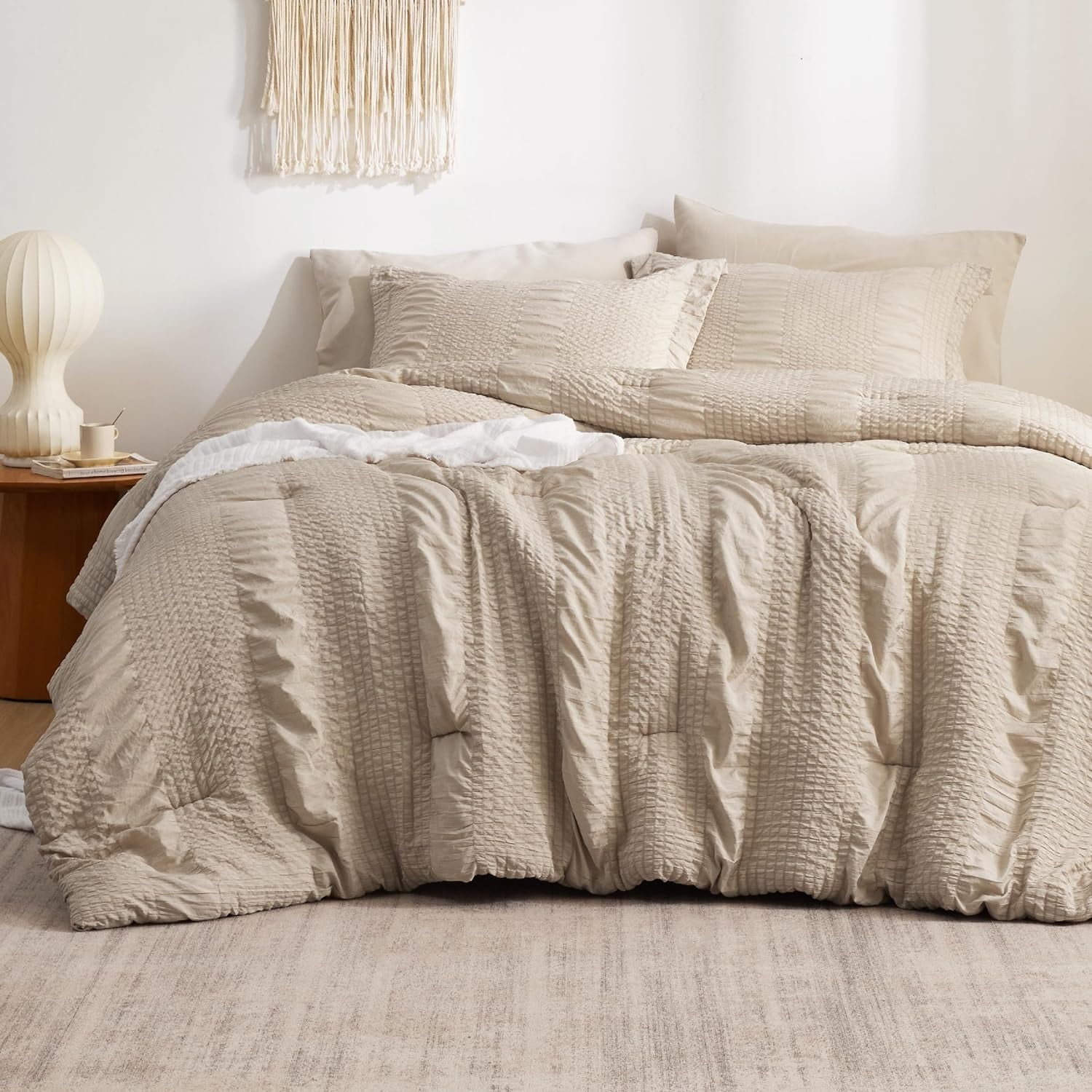 Cozy Comfort Bed in a Bag Queen - Queen Comforter Set 7 Piece Stripes Seersucker Bedding Set, Soft Lightweight Down Alternative Comforter Queen Bed Set(Khaki,Queen 90 x 90 inch)