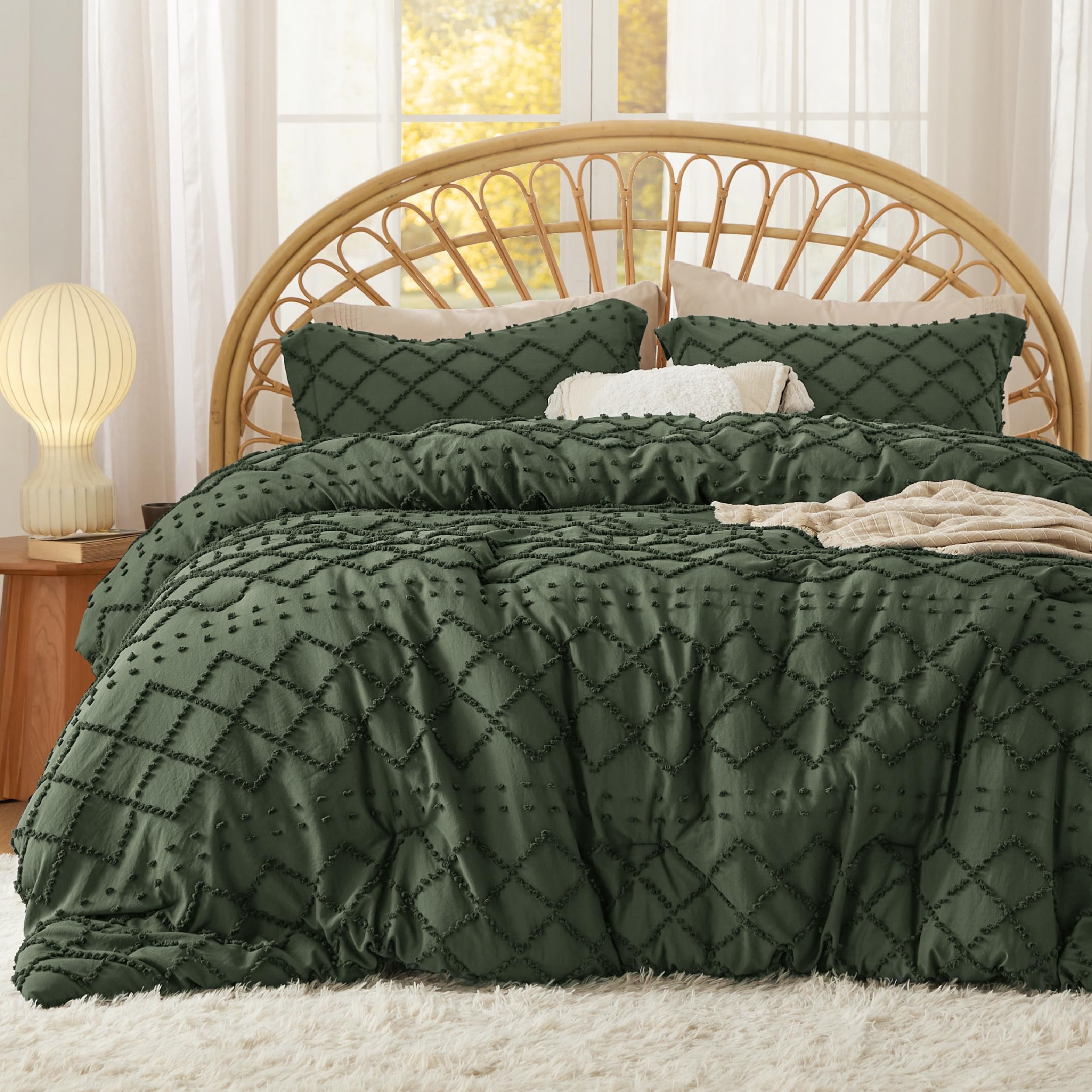 Cozy Comfort Comforter Set, Boho Tufted Shabby Chic Bedding Comforter Set, 3 Pieces Vintage Farmhouse Bed Set for All Seasons, Soft Bedding Set with 2 Pillow Shams,Full,Bronze Green