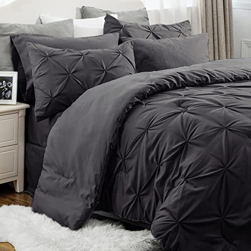 Cozy Comfort 8 Pieces Pinch Pleat Queen Size Bed Comforters Sheets Pillowcases Shams Kids Bedding Set Dark GreyPillowcases Shams Kids Bedding Set