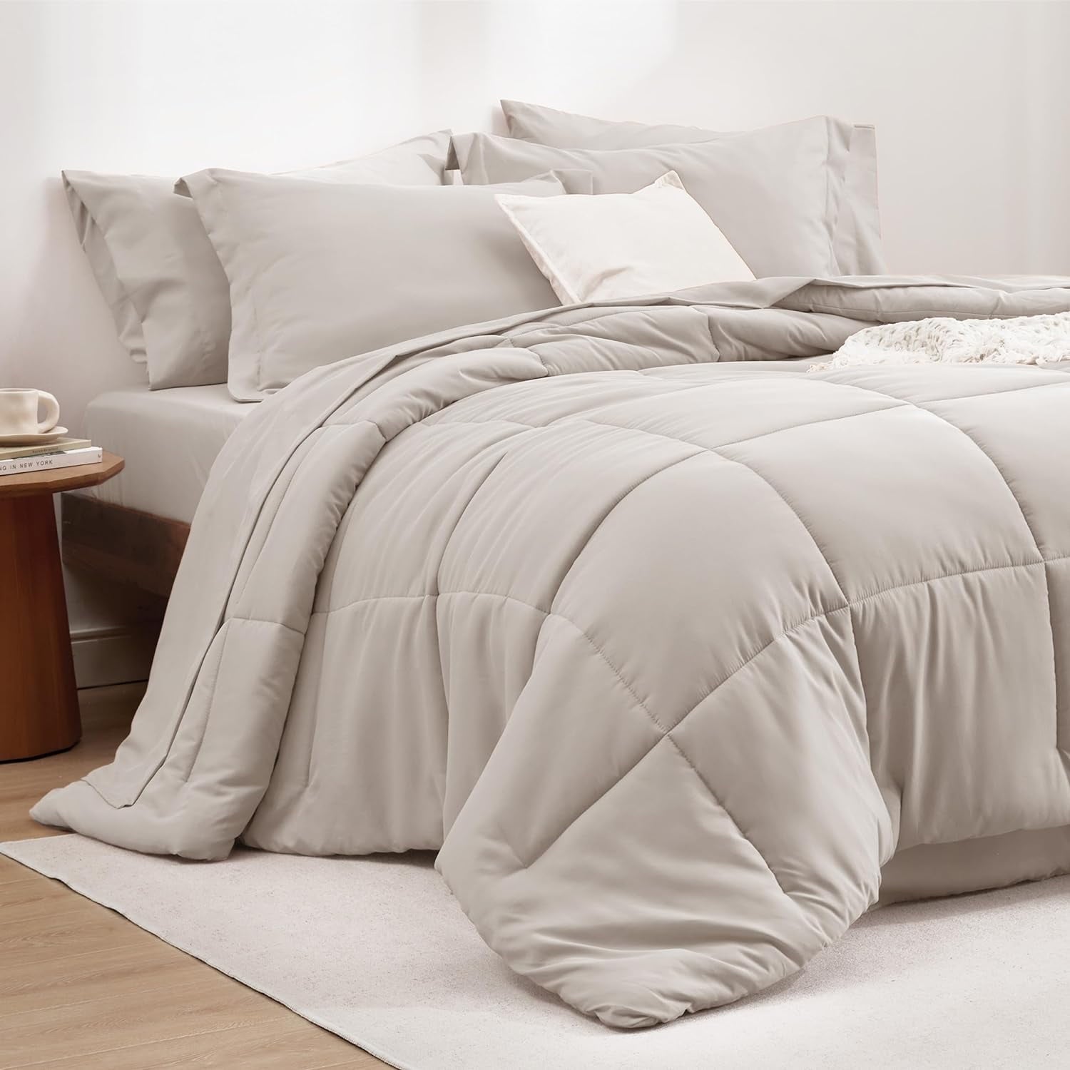 Cozy Comfort Beige King Size Comforter Set - 7 Pieces Solid King Bed in a Bag, King Bed Set Beige with Comforters, Sheets, Pillowcases & Shams