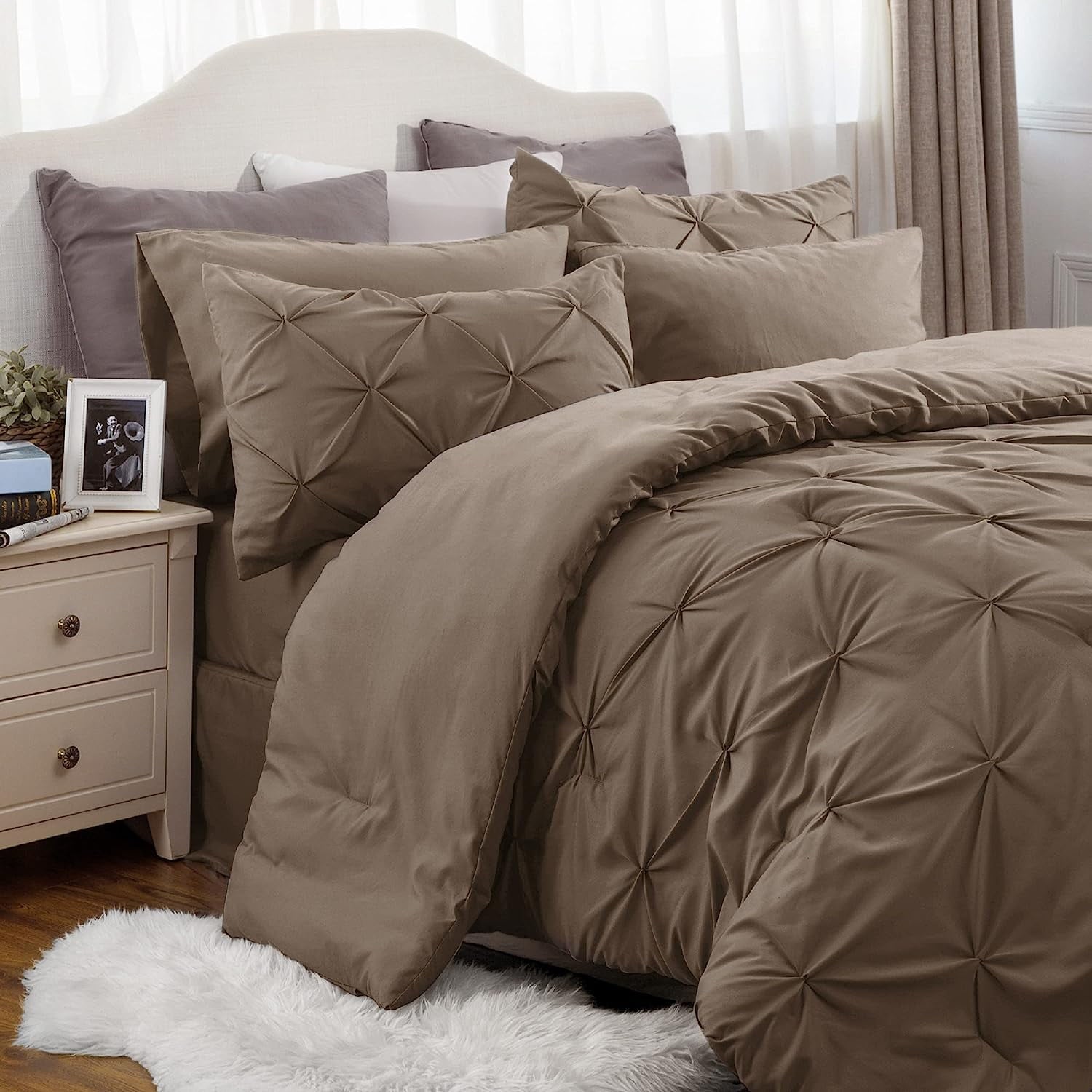 Cozy Comfort by Bedsure Brown Comforter Set Queen - Bed in a Bag Queen 7 Pieces, Pintuck Beddding Sets Bed Set with Comforter, Sheets, Pillowcases & Shams